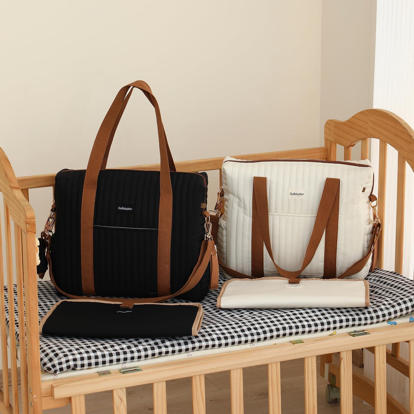 GOBABYMART - Juego de 3 bolsas de pañales con cambiador y estuche para chupete, bolsa de viaje de maternidad de algodón (mediano - negro)