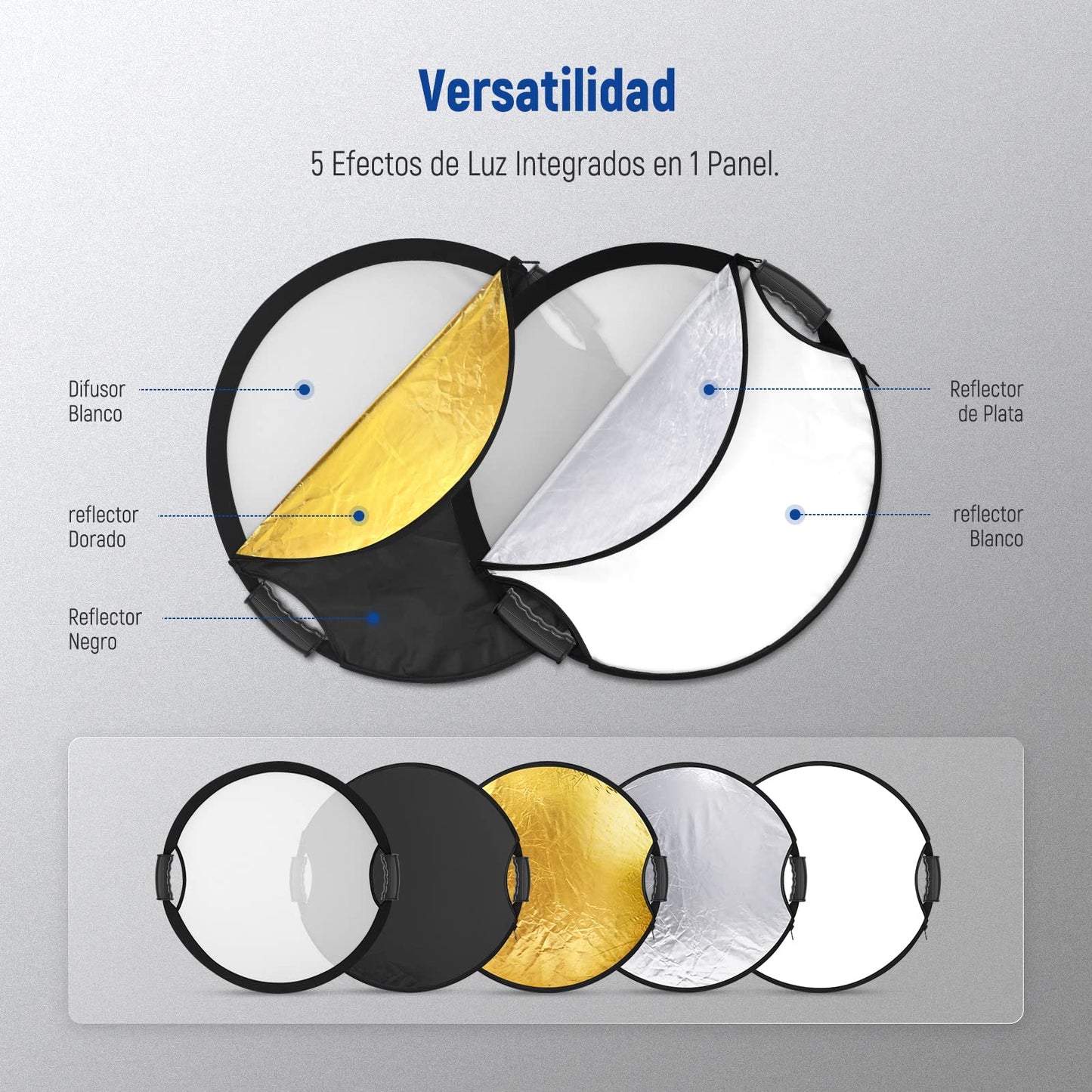 NEEWER Reflector de Luz de 22"/56cm con Empuñadura Rosca 3/8", Difusor de Luz de Disco Plegable 5 en 1 Translúcido/Plateado/Dorado/Blanco/Negro para Iluminación Fotográfica, para Exteriores, RF-110II