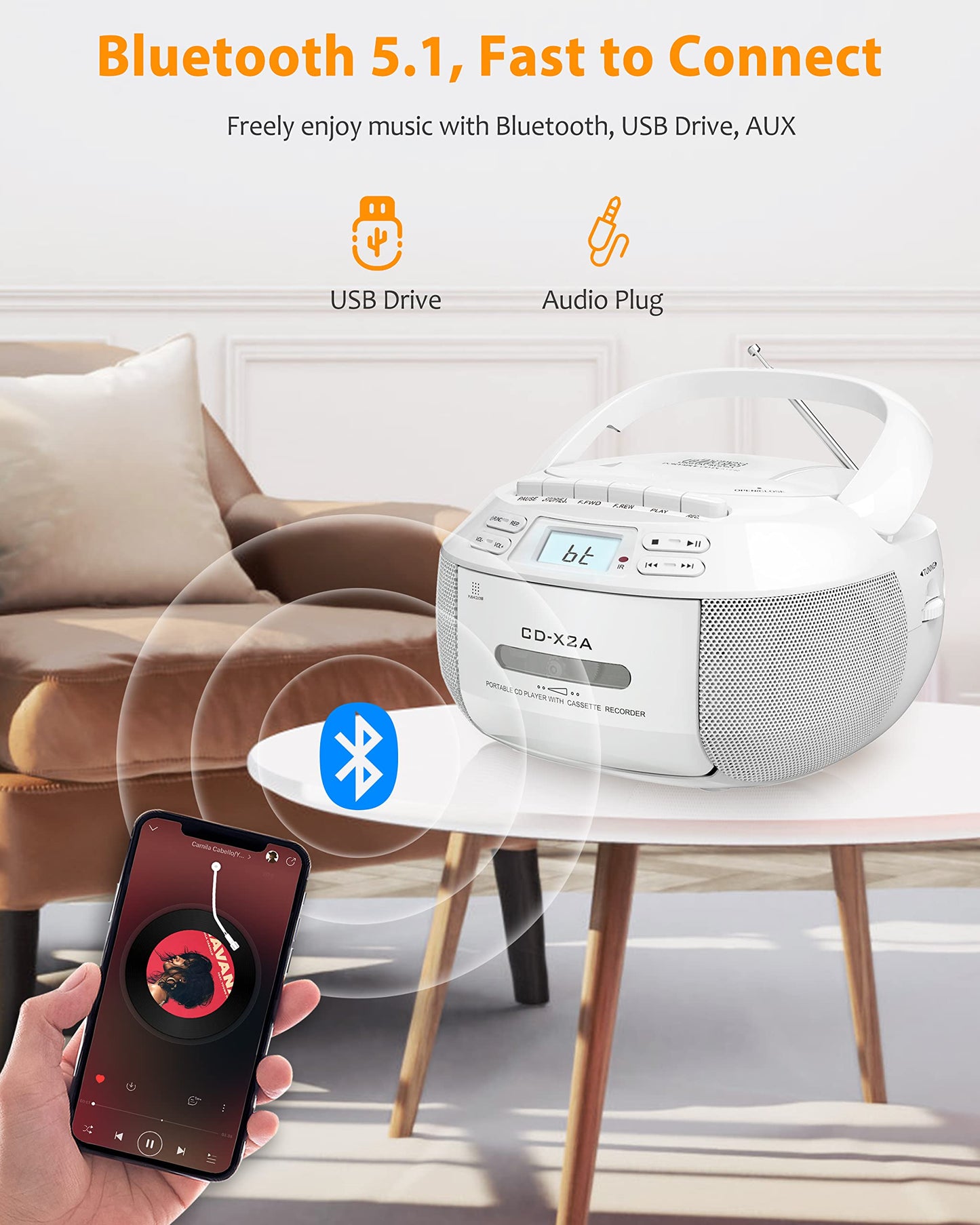 Greadio Reproductor de CD Boombox Cassette Combo con Bluetooth, radio AM/FM, sonido estéreo con control remoto, unidad AUX/USB, grabación de cinta, alimentación CA/CC, conector de auriculares,