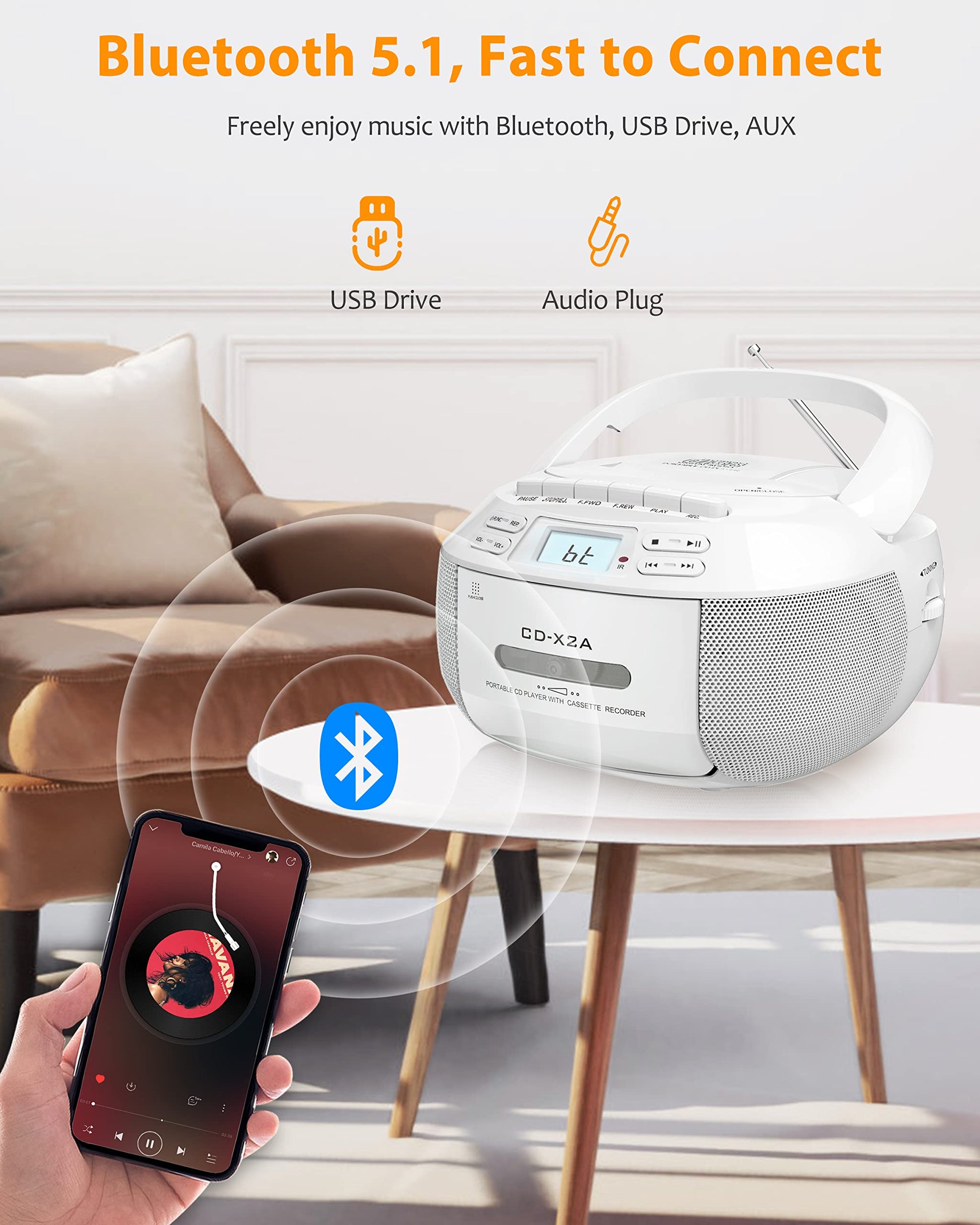 Greadio Reproductor de CD Boombox Cassette Combo con Bluetooth, radio AM/FM, sonido estéreo con control remoto, unidad AUX/USB, grabación de cinta, alimentación CA/CC, conector de auriculares,