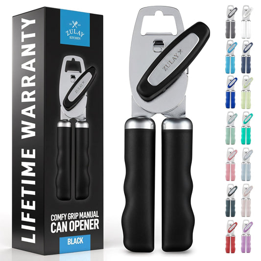Abrelatas Manual Zulay Kitchen Negro de Acero Inoxidable Resistente con Abrebotellas y Asas de Agarre Suave