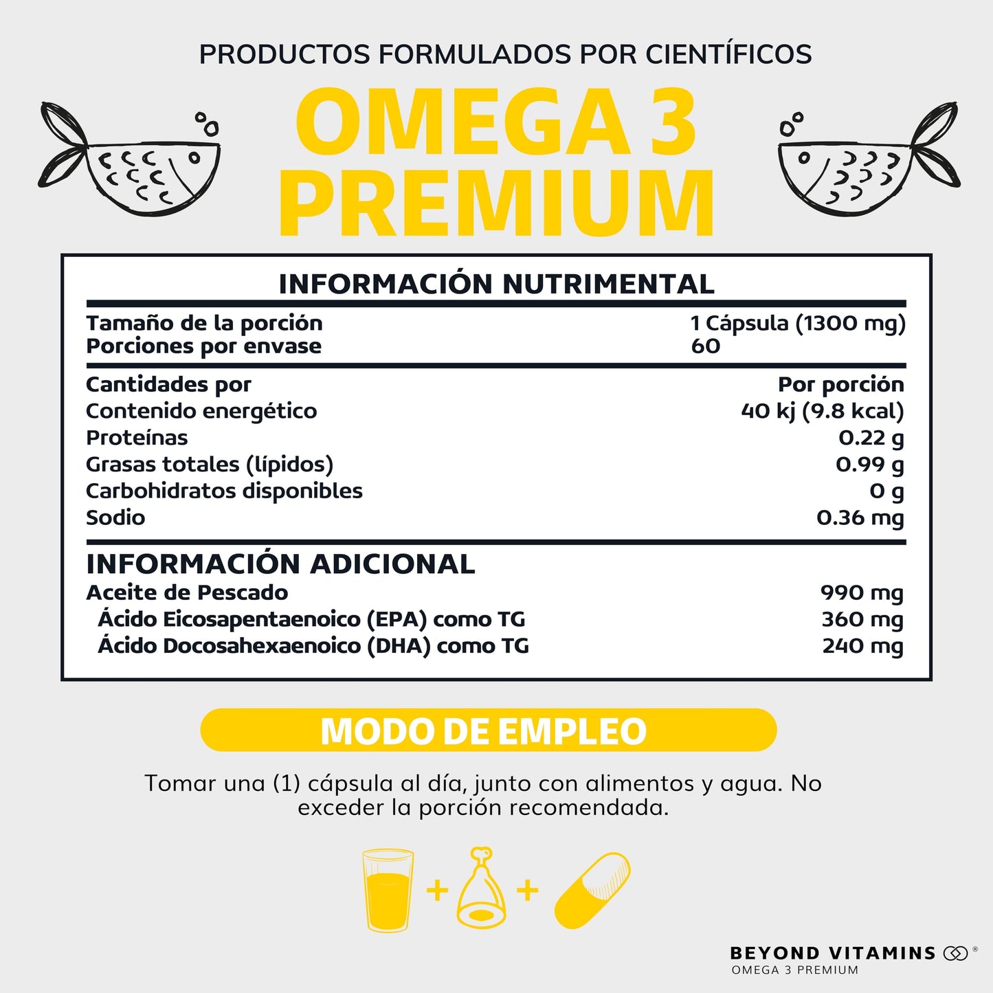 Suplemento Alimenticio Aceite de Pescado Beyond Vitamins Alta Pureza y Concentración 60 Cápsulas