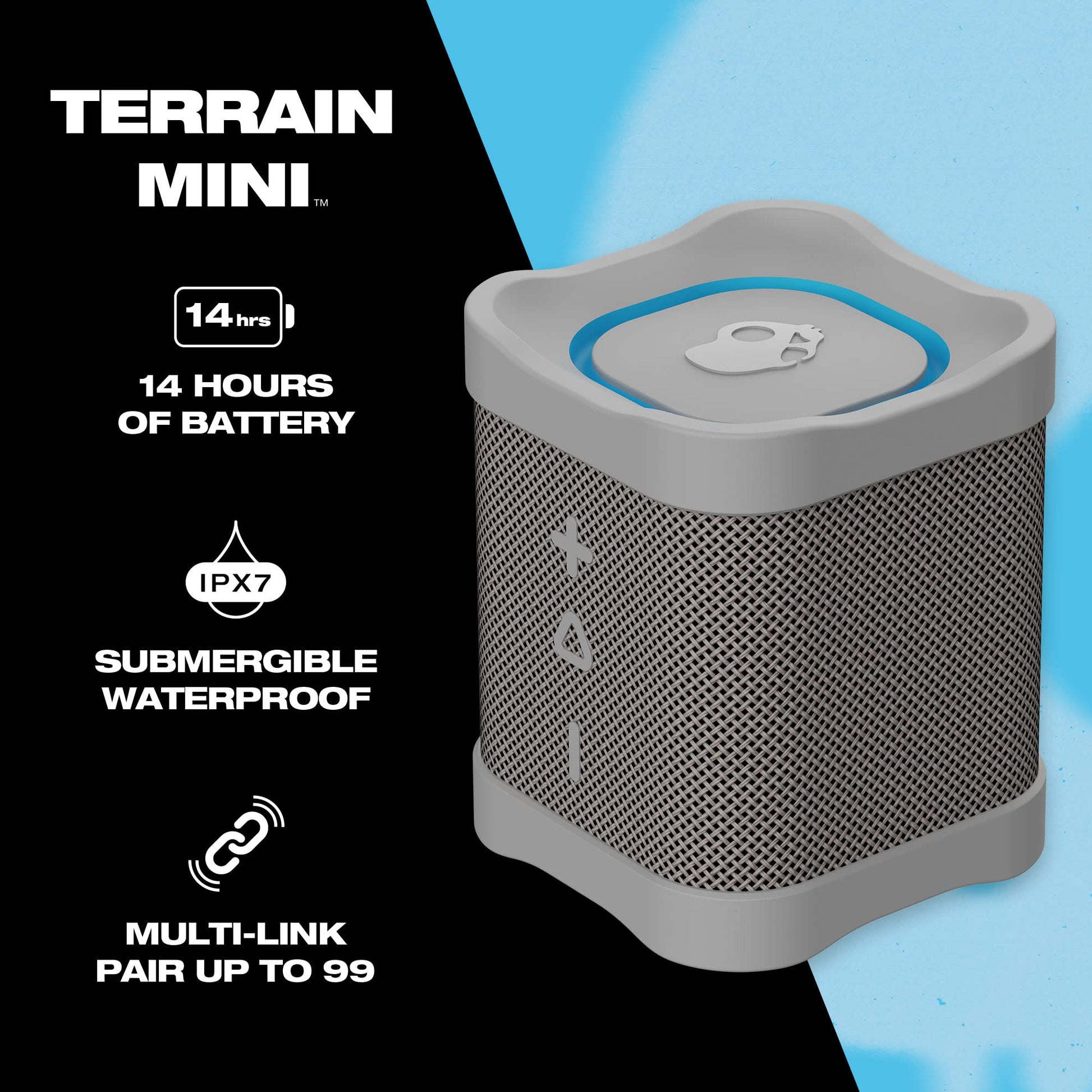 Skullcandy Terrain Mini Altavoz inalámbrico Bluetooth – Altavoz portátil Impermeable IPX7 con radiadores pasivos Personalizados duales, batería de 14 Horas, muñequera de Nailon