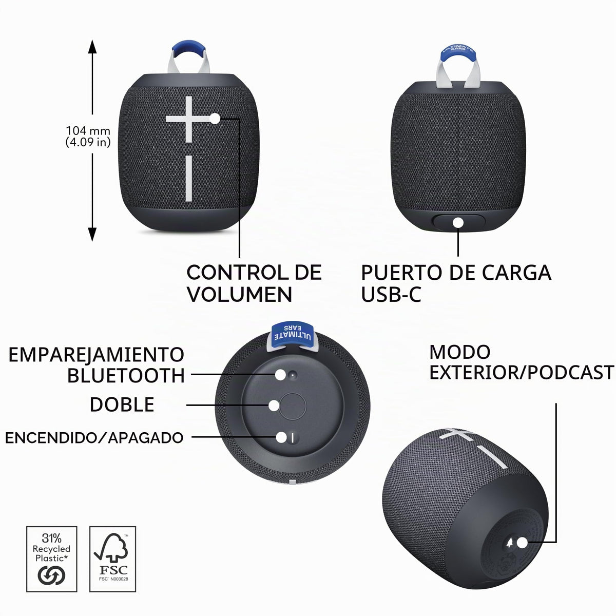 Altavoces Bluetooth Ultimate Ears Wonderboom 4 Negro con Graves Grandes y Sonido 360 Grados Impermeable Flotante para Exteriores