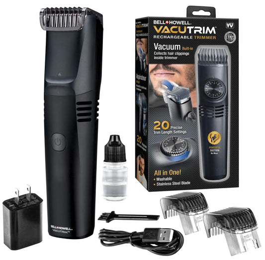 Bell+Howell- Recortadora de barba inalámbrica para hombres Vacutrim, afeitadora eléctrica recargable con calibración de 20 ajustes de corte