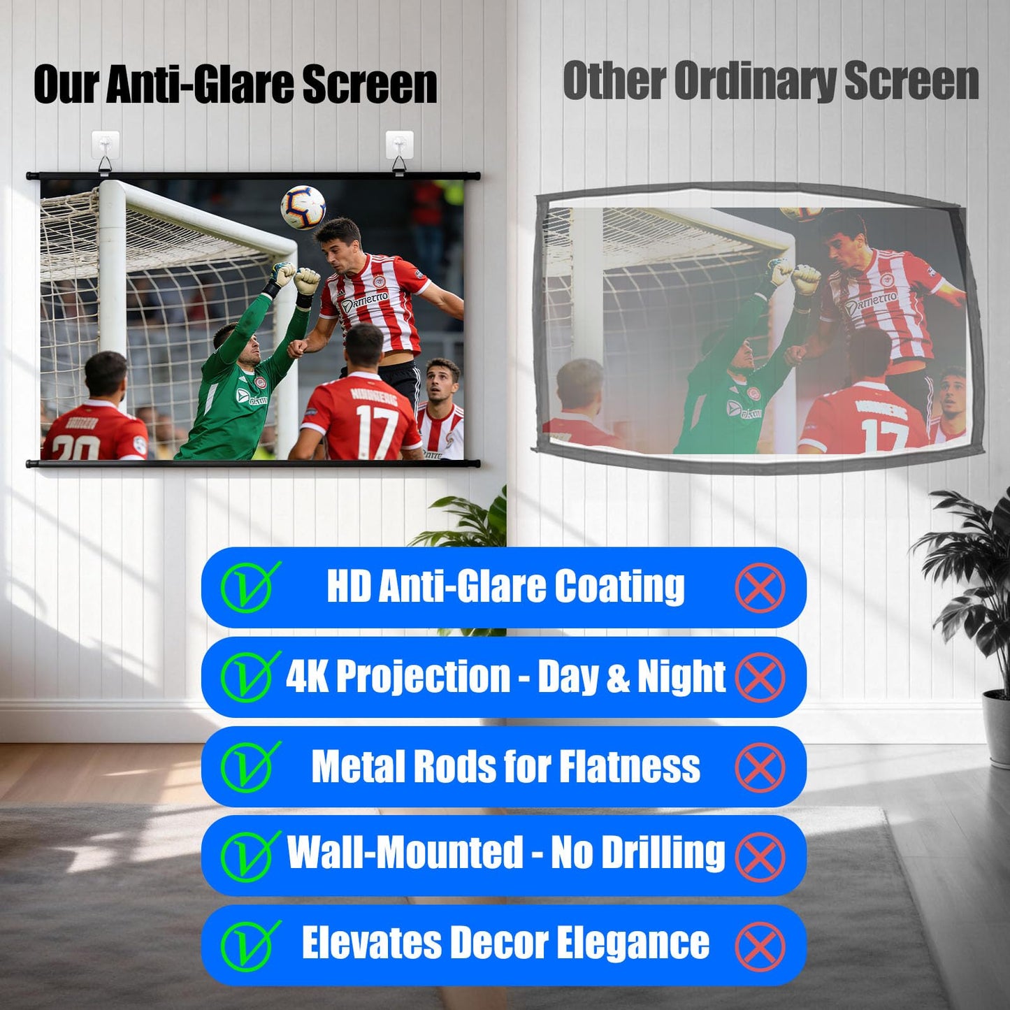 XIAOHUI - visualización de proyector portátil de 110 pulgadas, visualización de proyector de película portátil para interiores y exteriores con 3 ganchos adhesivos, visualización de proyección