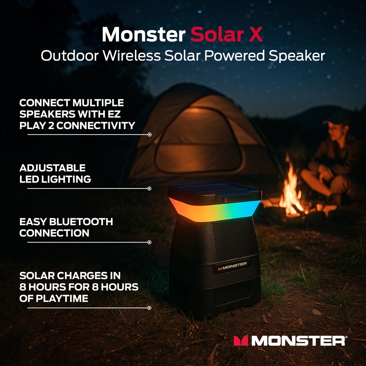 Altavoz Monster Solar X - Altavoz Bluetooth inalámbrico con energía solar, sonido de 360 grados con LED, conexión fácil, 8 horas de reproducción y graves de 30W