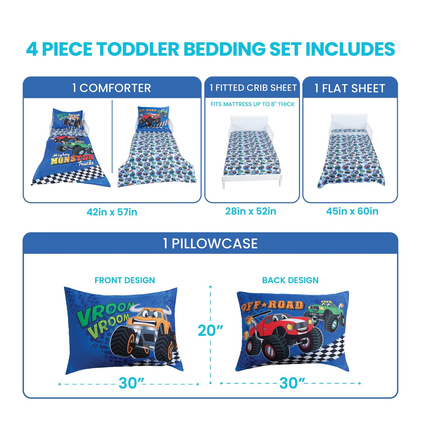Todays Kids Monster Trucks - Juego de ropa de cama infantil para niños, juego de edredón de 4 piezas para niños, edredón reversible y funda de almohada, sábana encimera, sábana bajera, microfibra