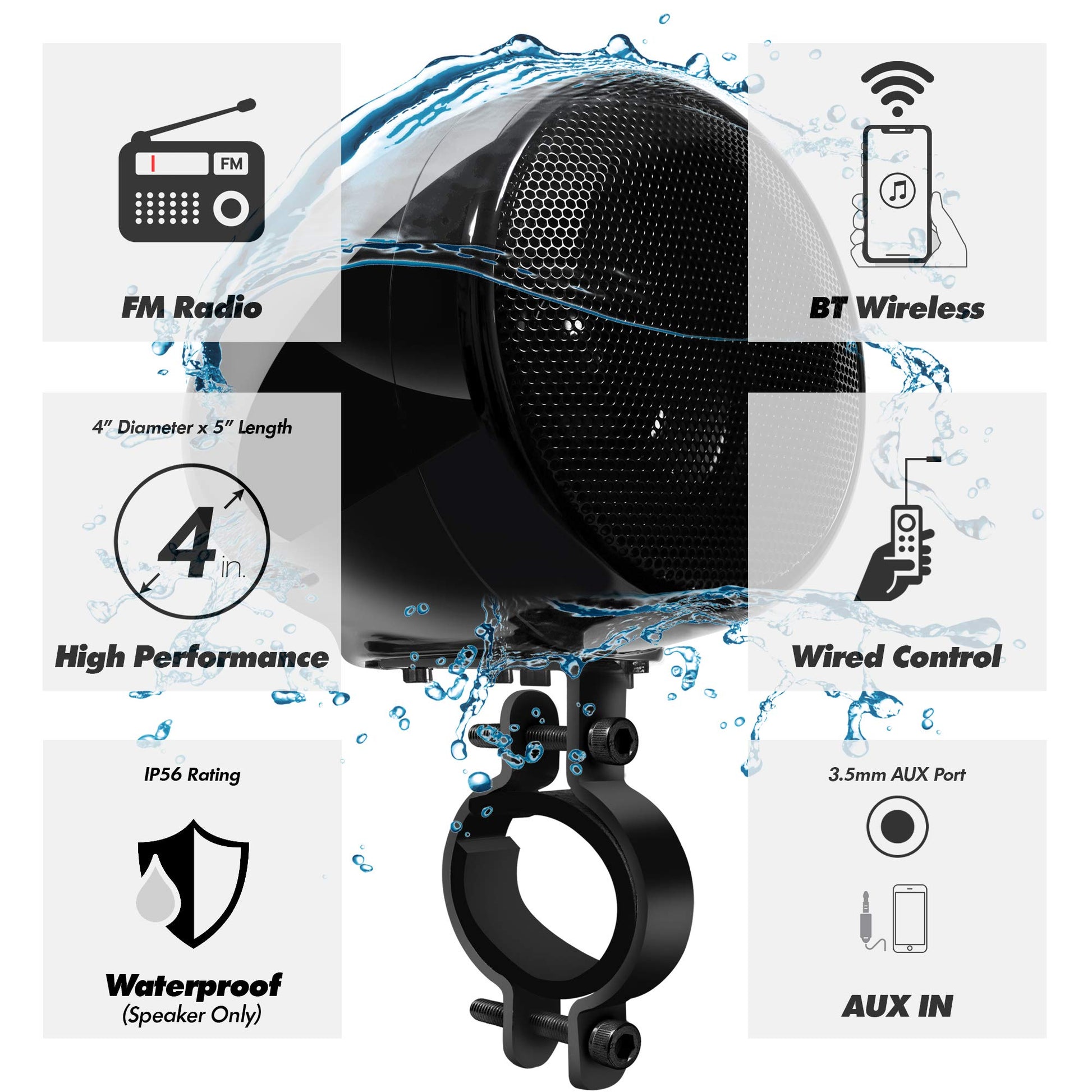 GoHawk TN4-R - Amplificador de 10 cm, rango completo, impermeable, Bluetooth, bocinas estéreo para motocicleta, de 1 a 1.5 pulgadas (2.5 a 4 cm) Sistema de amplificador de audio para montaje en manubrio Harley Touring Cruiser ATV UTV RZR, AUX, Radio FM (T