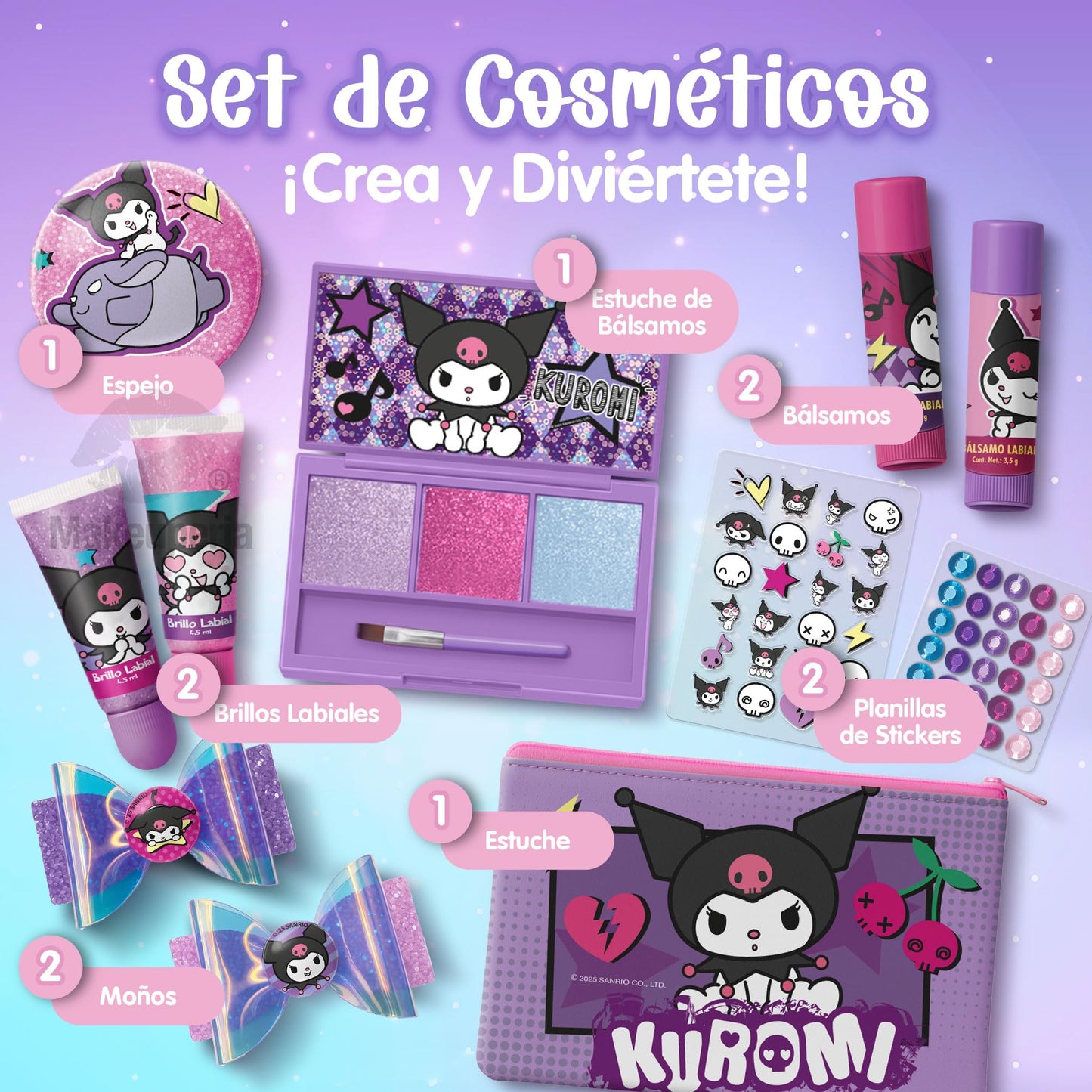 MAKEUPERIA Maquillaje para Niñas de Kuromi, Set de Maquillaje Infantil Lavable con Bálsamos, Brillos, Paleta con Brocha, Clips, Espejo y Bolsa de PVC, Regalo Seguro y Adorable