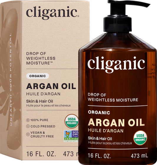 Cliganic Organic Argan Oil, 480 ml - USDA Certified - Pure Single Ingredient - Cold Pressed Body Oil - Non-GMO - Vegan, Cruelty-Free - for Hair, Face, and Body - For All Hair/Skin Types