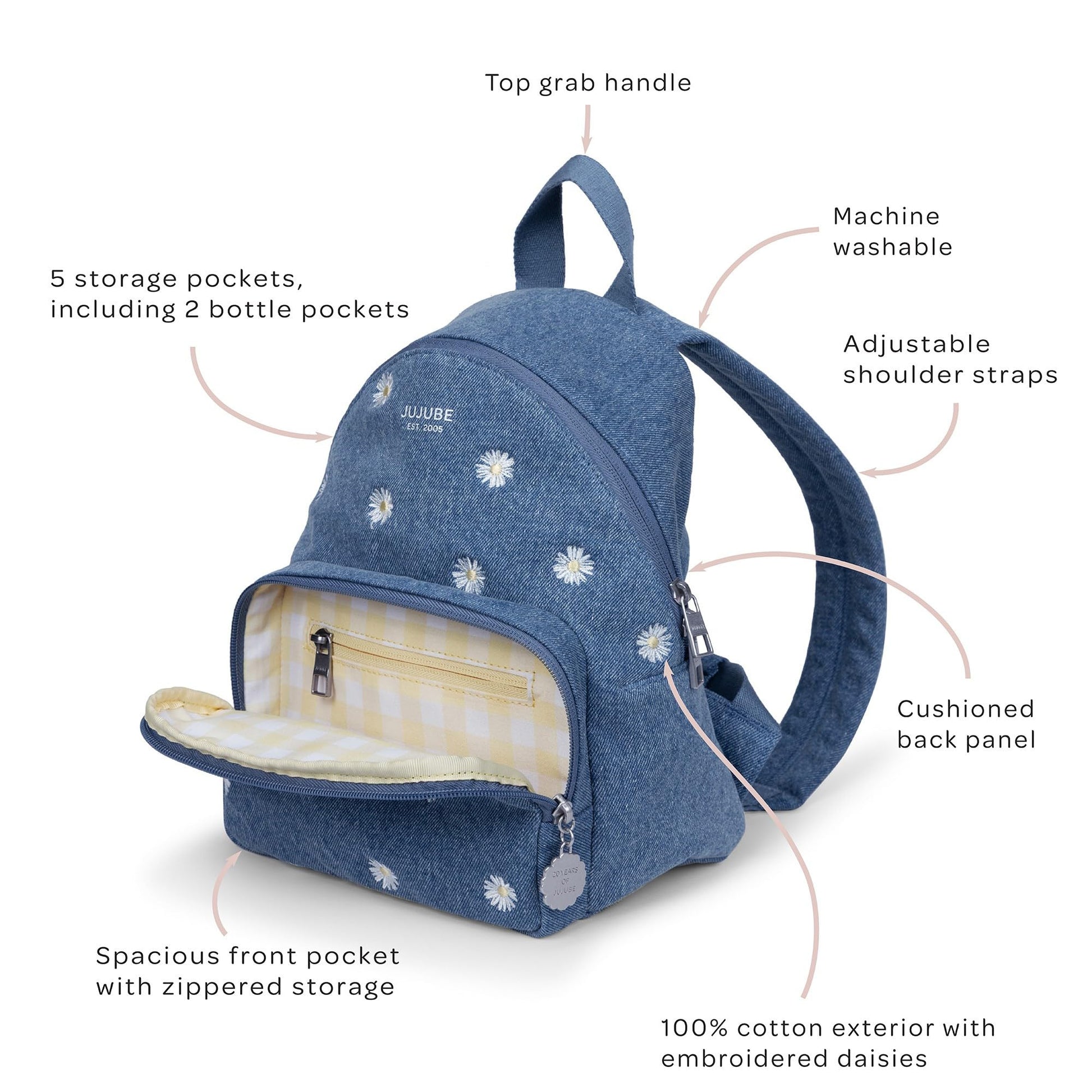 JuJuBe - Mochila de viaje lavable a máquina con correas ajustables y 2 bolsillos para biberones, pañales, chupetes, aperitivos, cambiador y artículos esenciales diarios, mezclilla y margaritas (azul)