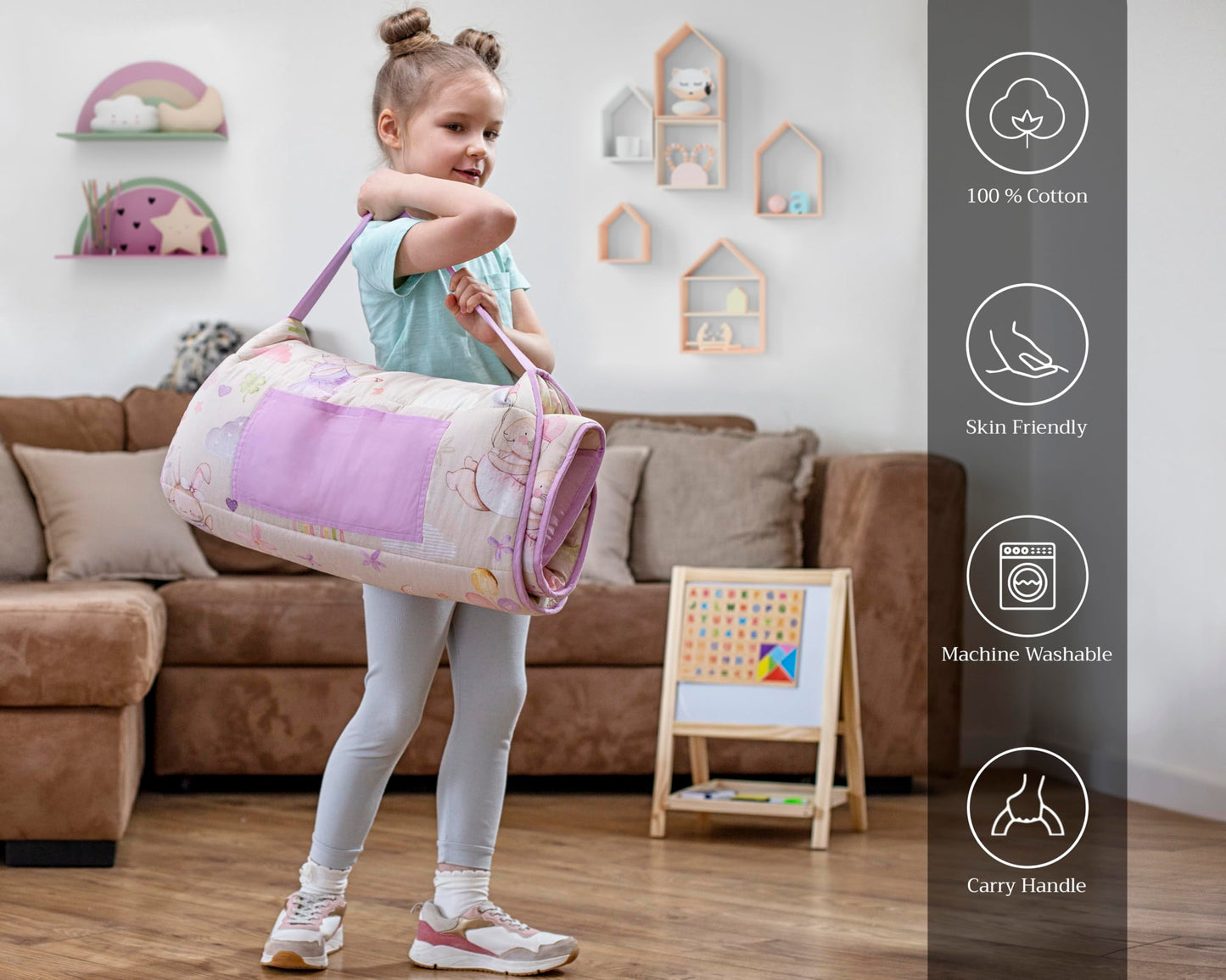 Maison d'Hermine - Tapete para dormir con almohada y manta reutilizables de 55 x 27 x 1.5 pulgadas, para niños y niñas, tapete para dormir preescolar con correas de transporte de hombros, tela de