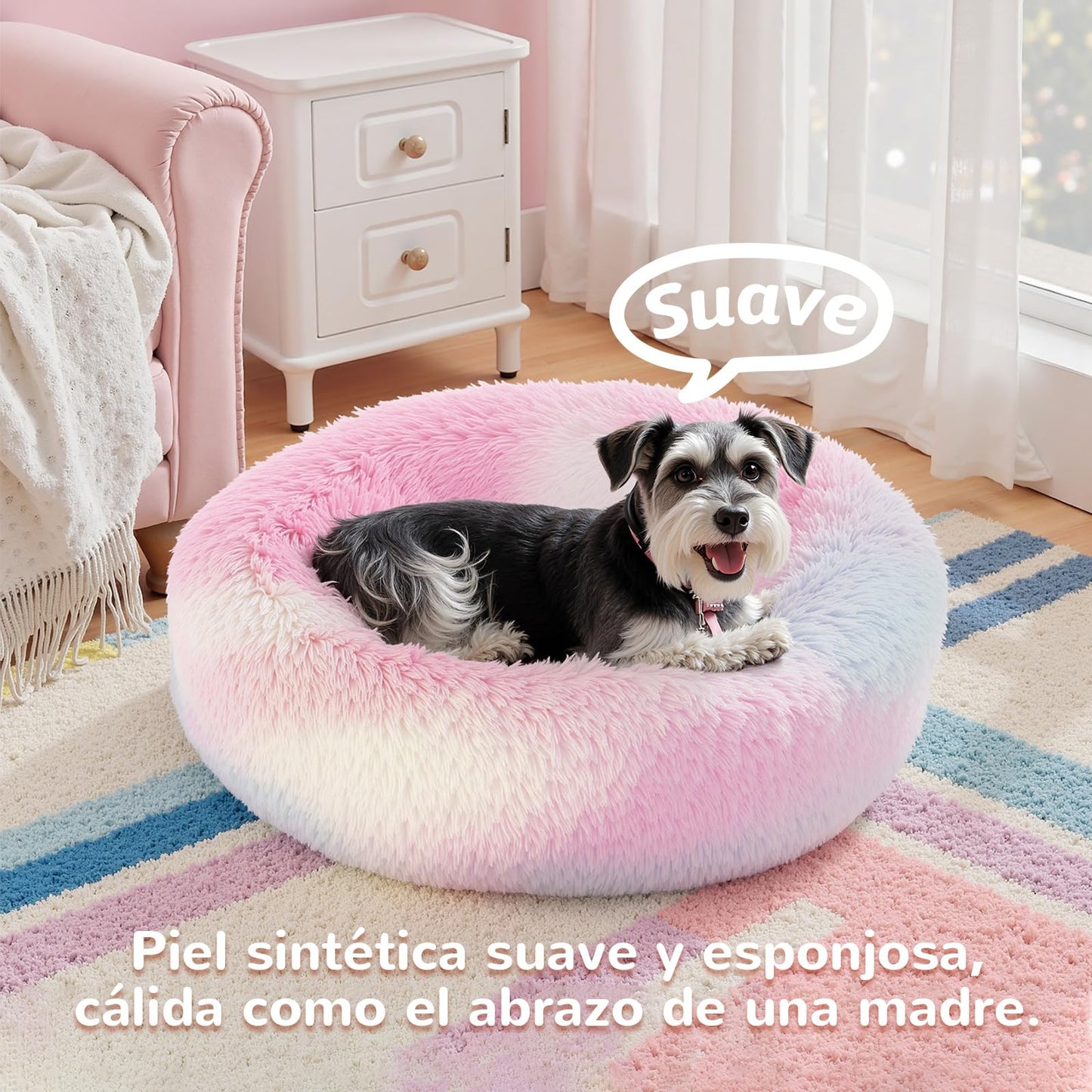 Cama Donut para Perro Spring Blossoms Arcoiris Antideslizante y Lavable Autocalentable 60 cm
