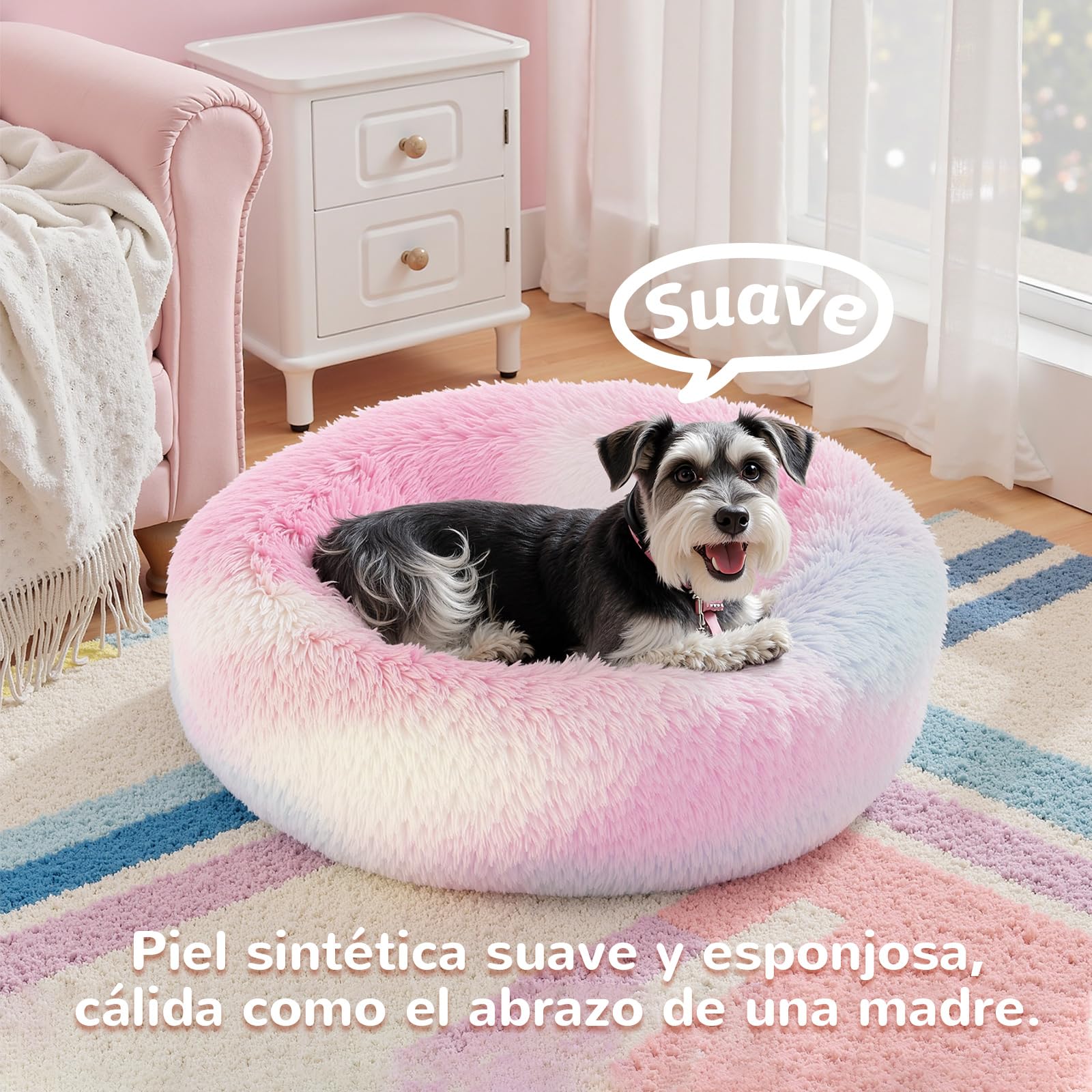Cama para Perro Spring Blossoms Arcoiris Antideslizante Mullida Piel Peluda Autocalentable Lavable 70cm
