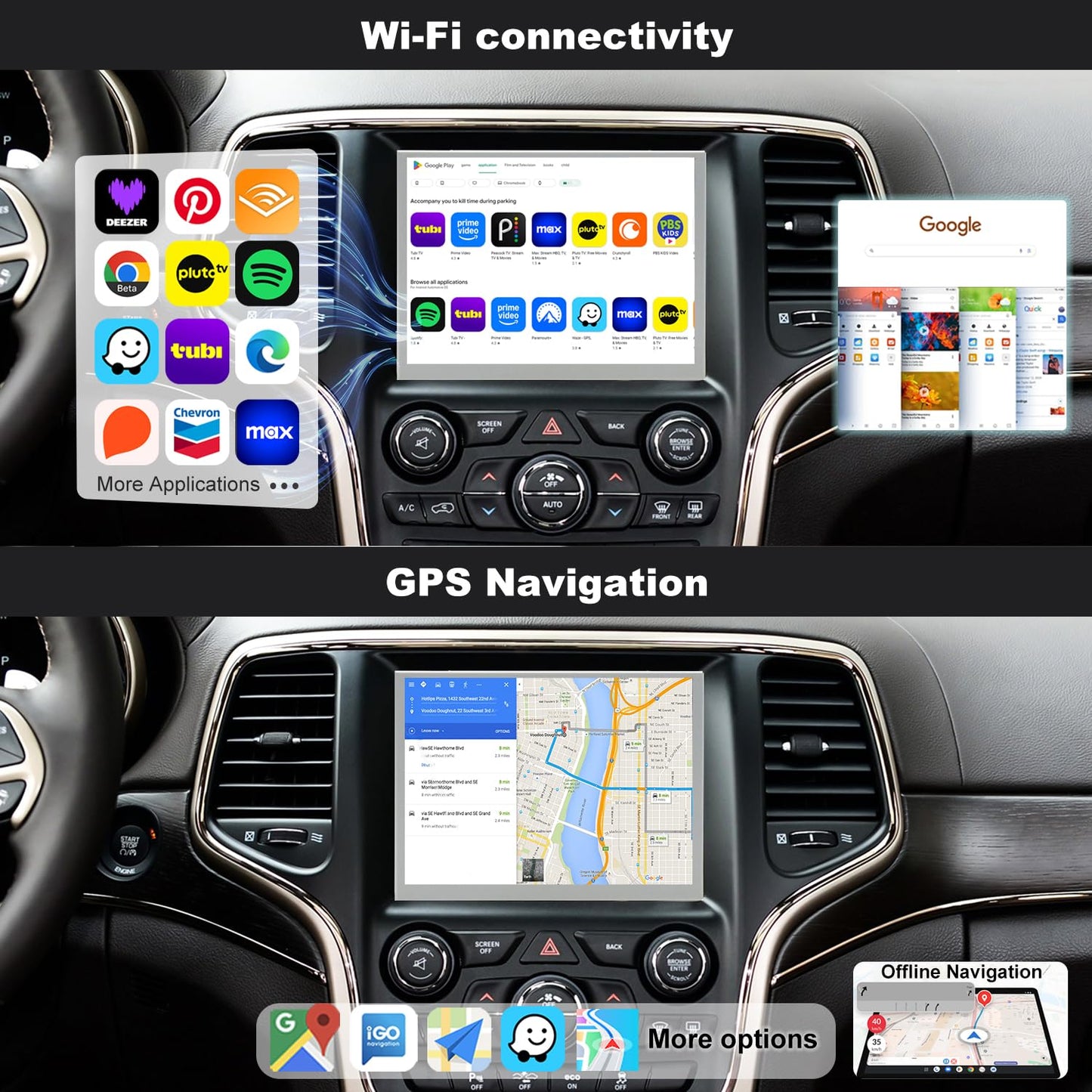 Radio de actualización 5GWiFi para Jeep Grand Cherokee 2014-2021, Dodge RAM 1500/2500/3500 2013-2018, Dodge Challenger Charger Durango 2015-2023, visualización táctil estéreo para coche Carplay GPS