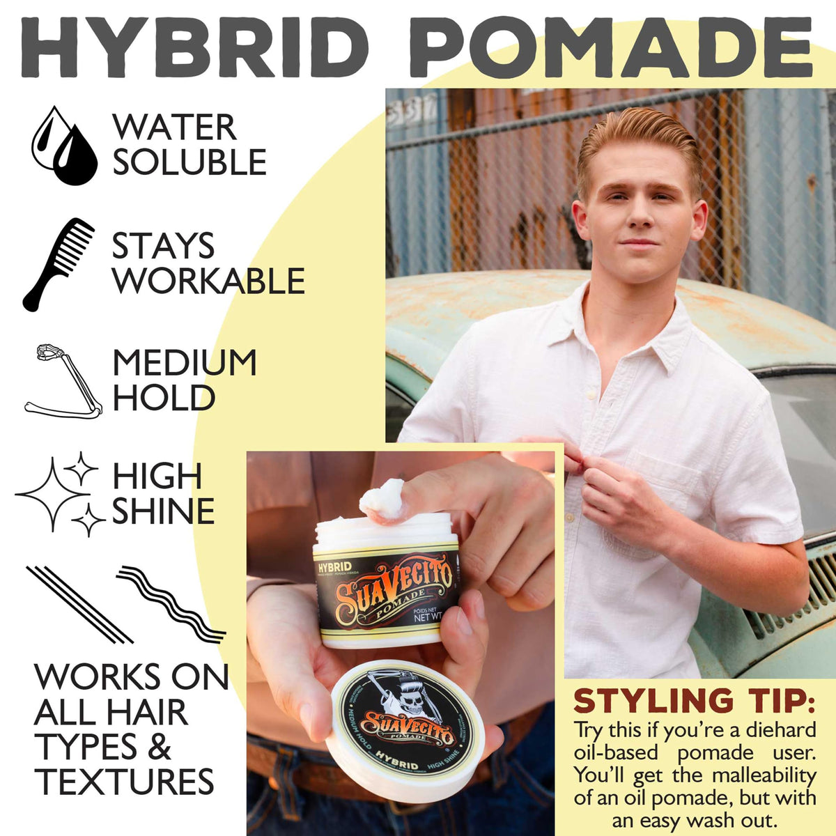 Suavecito Pomada Híbrida Pomada para El Cabello para Hombres - Fijación Media Fórmula Híbrida de Agua y Aceite de Alto Brillo - Retrabajable - Fácil de Lavar - Fijación Todo El Día 113g