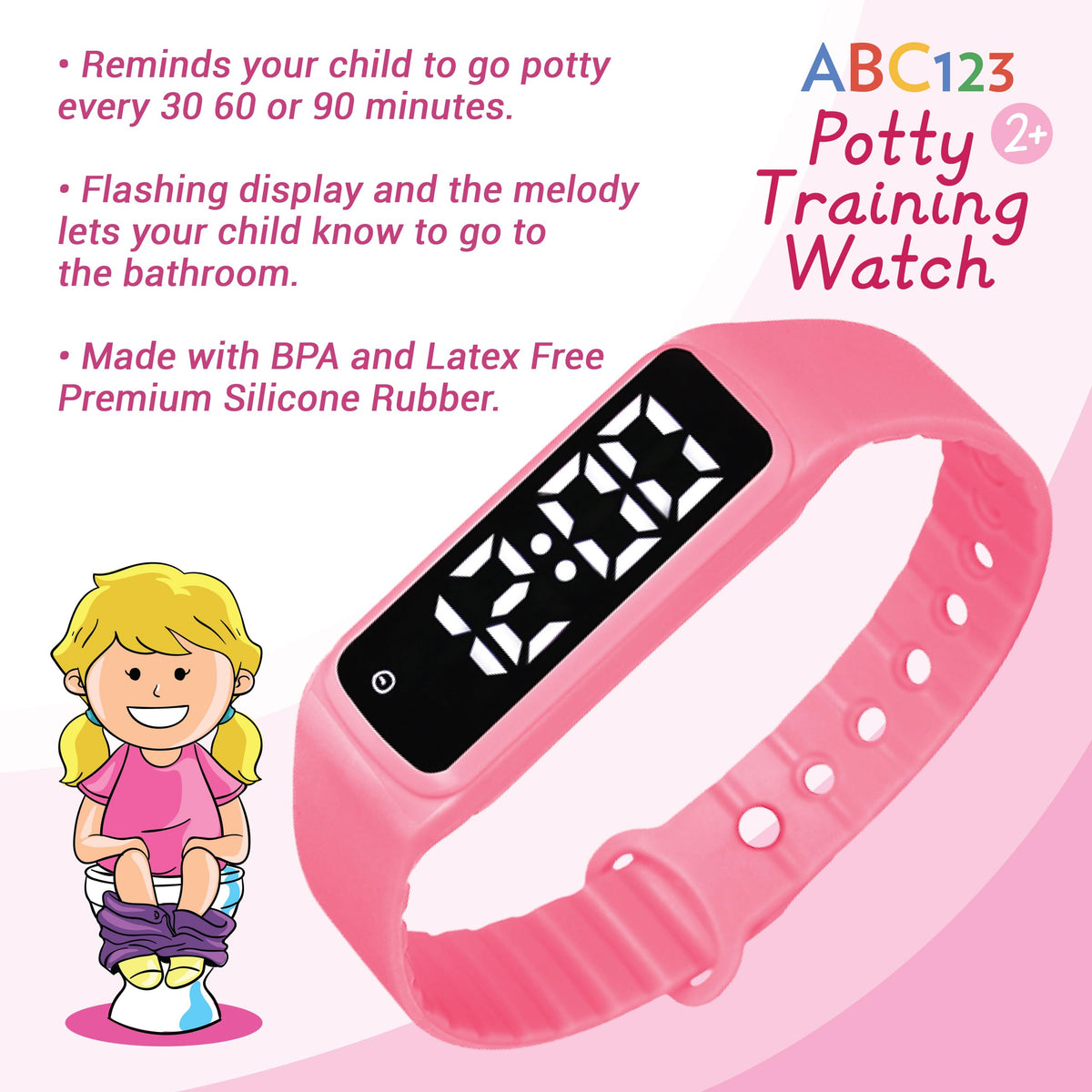 ABC123 Reloj de entrenamiento para ir al baño – Recordatorio de bebé resistente al agua temporizador para entrenamiento de baño para niños y niños pequeños (rosa)