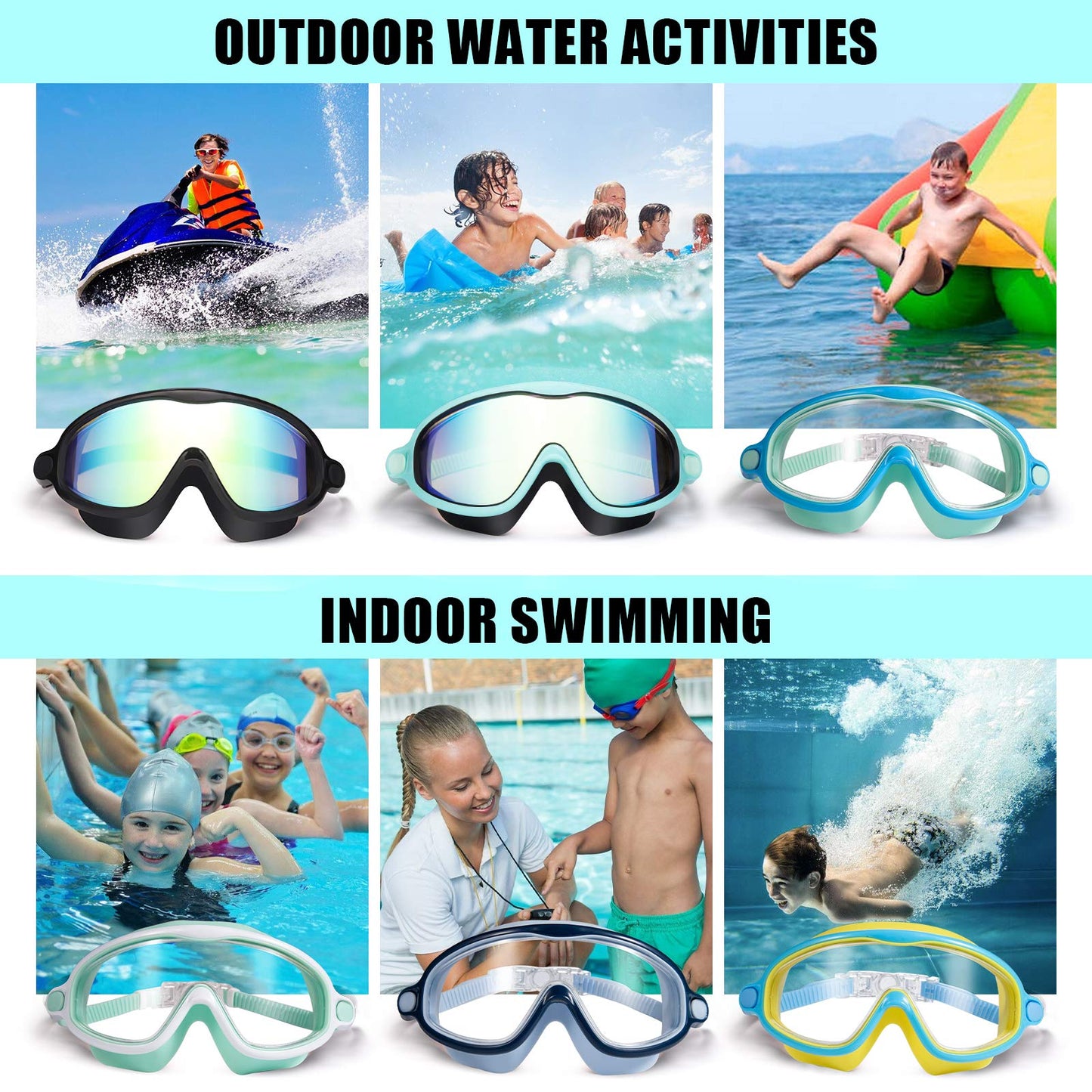 Anteojos de Natación Seago Azul y Verde Antivaho y Antirayos UV para Niños