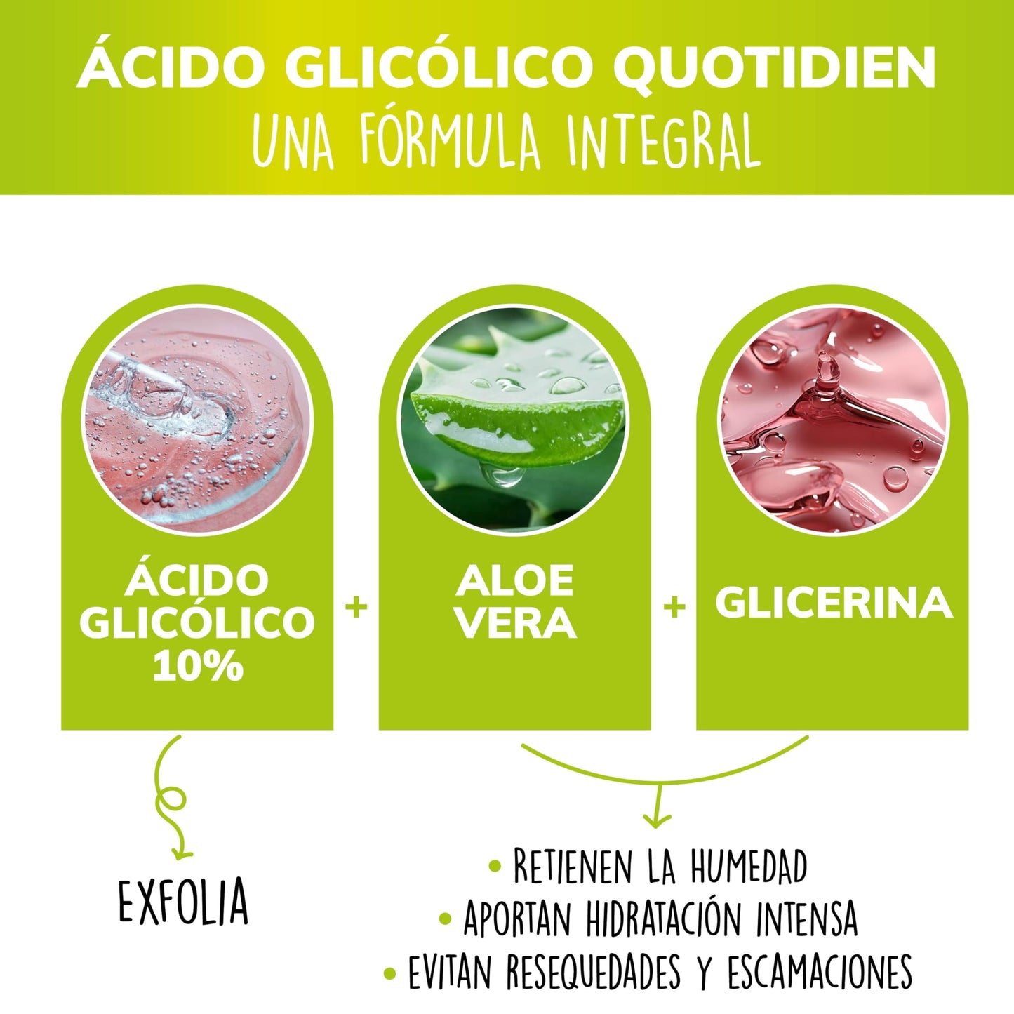 Serum Quotidien Acido Glicolico Aloe Vera Glicerina Exfoliación Efectiva Todo Tipo de Piel
