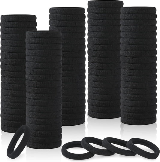 Ligas para Cabello Elásticas de Algodón - Paquete de 100 Piezas, Accesorios para el Cabello sin Costuras - Ideal para Coletas y peinados, para Mujer y Niñas - Color Negro