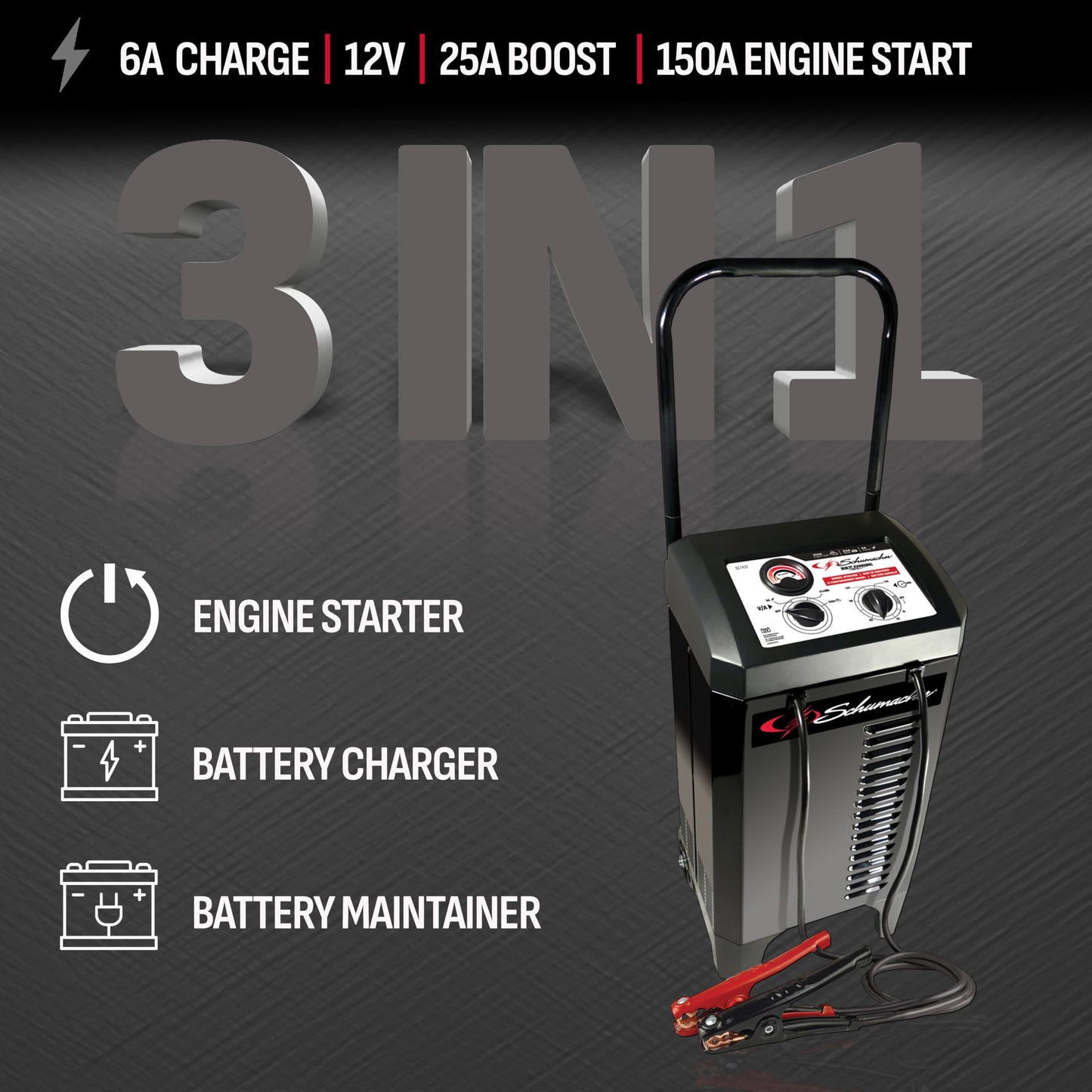 Schumacher SC1437 - Cargador de batería de Coche Manual de 6 A y arrancador de Motor de 150 A, solución 2 en 1, Impulso de 25 A, para baterías Deportivas de 12 V, automoción y Marina
