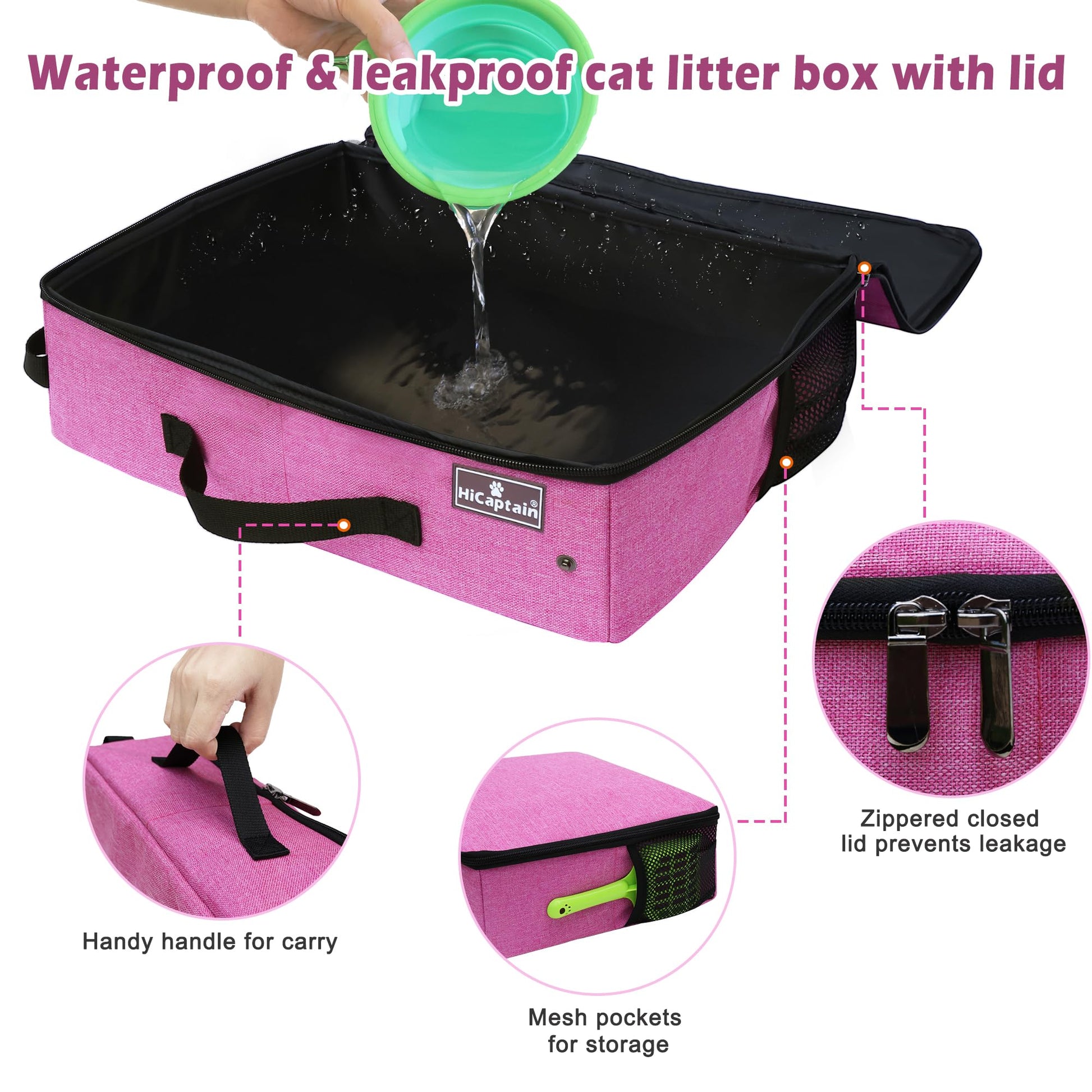 HiCaptain - Caja de arena portátil para gatos con tapa, caja de arena de viaje plegable en coche diseñada para gatos medianos, peso ligero a prueba de fugas, impermeable, fácil de llevar, color rosa