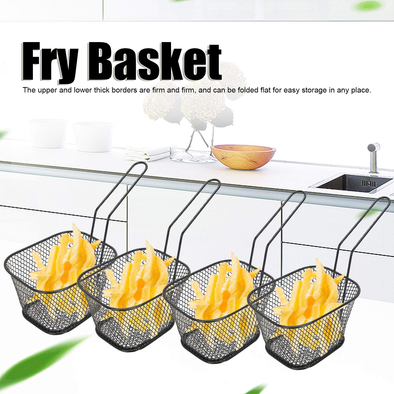 Cesta de Papas Fritas Cestas de Papas Fritas 4 Piezas Cesta de Red para Freír de Acero Inoxidable Colador de Cocina para Papas Fritas Comida Herramienta de Cocina(Negro)