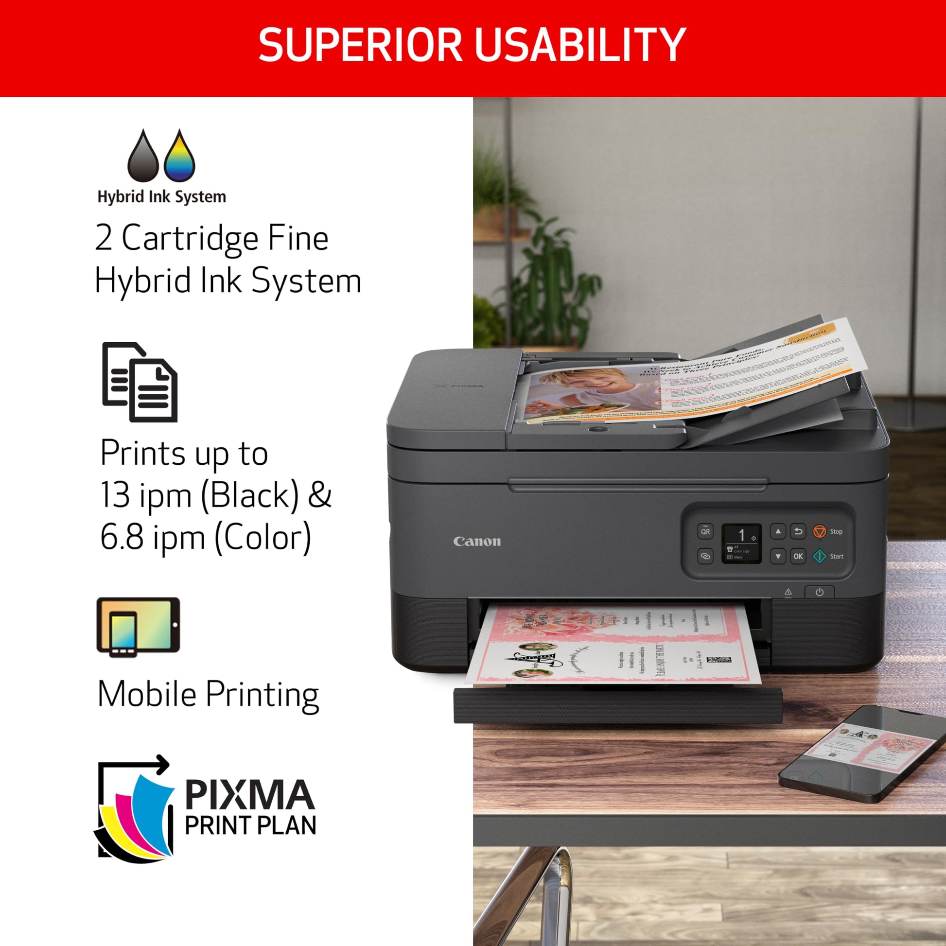 Canon PIXMA TR7020a Impresora de inyección de Tinta a Color inalámbrica Todo en uno, con impresión dúplex, impresión móvil y alimentador automático de Documentos, Negro, Funciona con Alexa