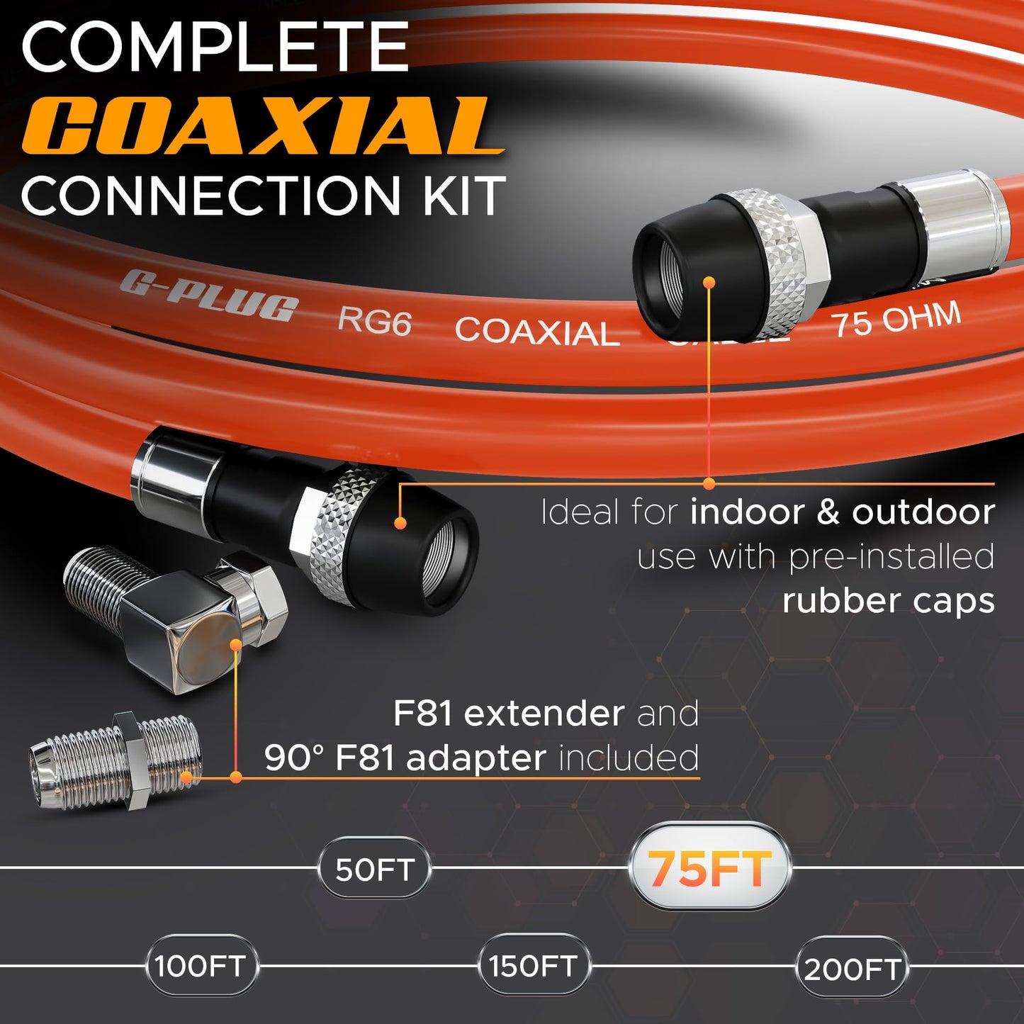 G-PLUG Cable Coaxial RG6 75 Ohm, Triple Blindaje, Impermeable, Conectores F Tipo Macho a Macho, Cable Antena TV, Satelital e Internet Banda Ancha, Incluye Acoplador F81, Naranja