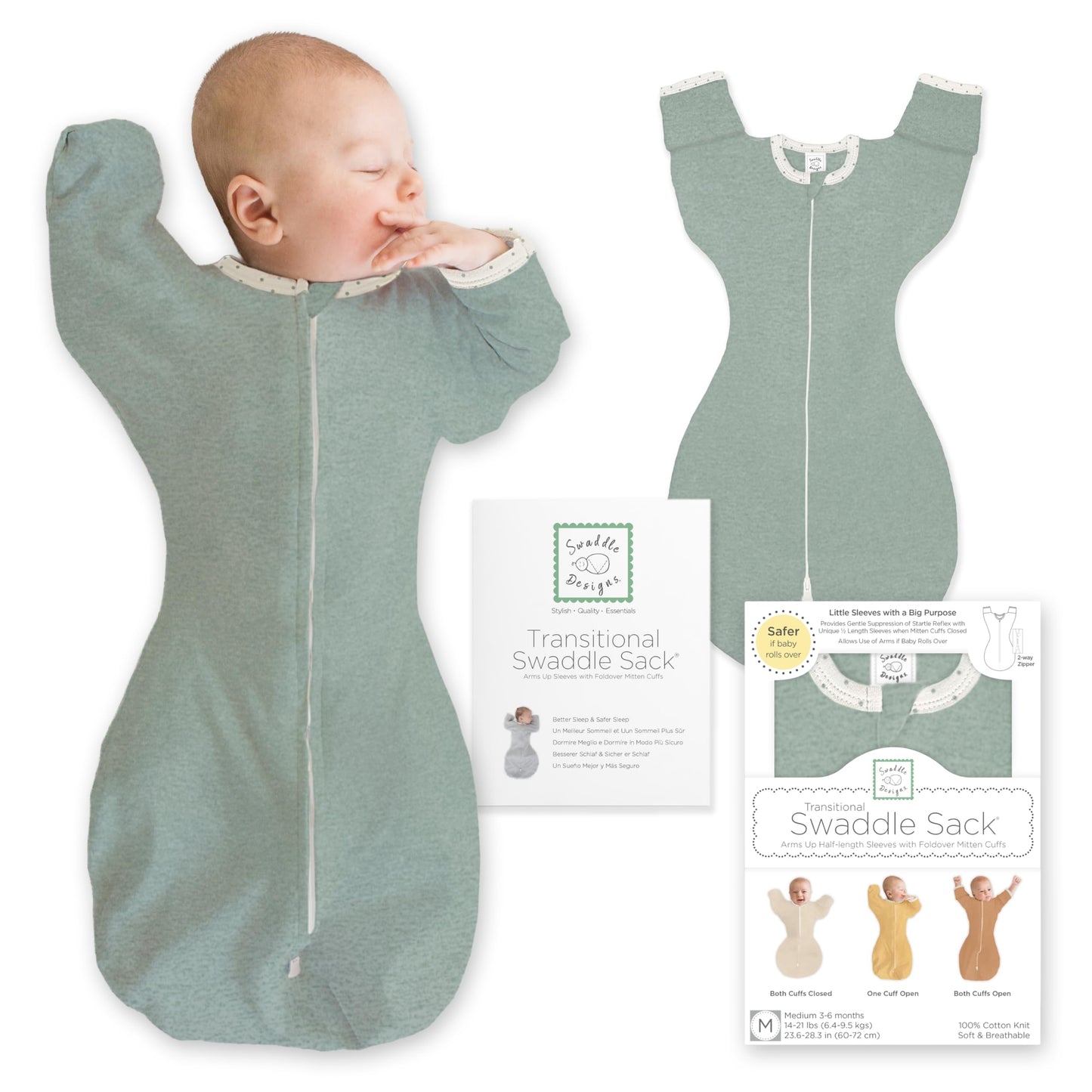 SwaddleDesigns - Saco de Envolver de transición con Brazos hasta Mangas de Media Longitud y puños de manopla, pequeño, 0-3 Meses, 6-14 Libras, jadeíta Jaspeada (Manta de Brazos Arriba, Saco de Dormir