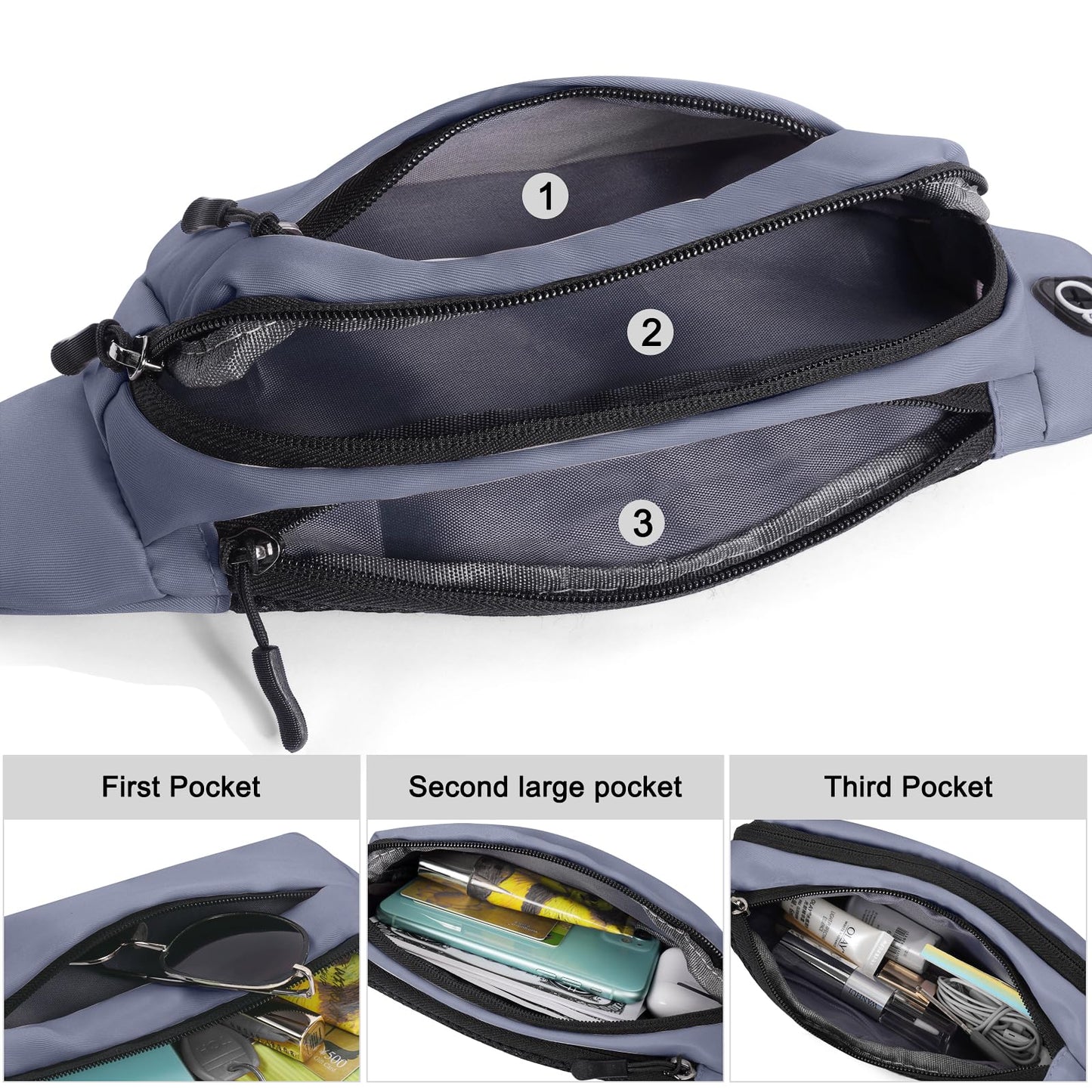 Cangurera para Correr Ultraligeros Riñonera Deportiva Ajustable Nailon Impermeable para Hombre y Mujer-Gris