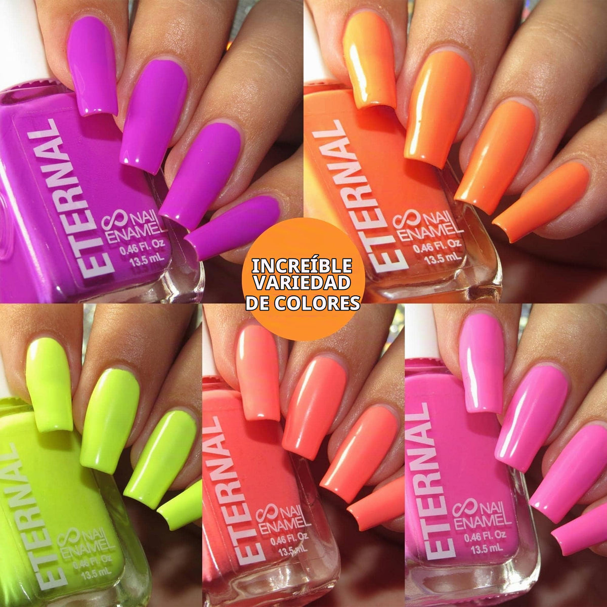 Eternal Colección – Juego de 5 piezas: Larga duración, secado rápido, esmalte de uñas de brillo espejo – endurecedor, acabado brillante y brillante – 0,46 onzas fluidas cada uno (Neons)