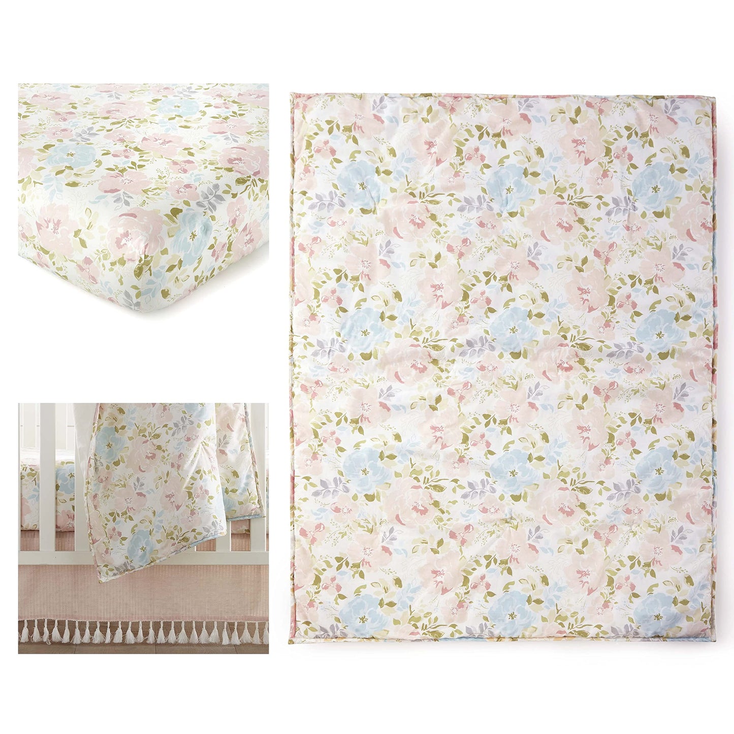 Levtex Baby Nest & Nod Amelia - Juego de ropa de cama de 3 piezas, algodón, color rosa (colcha, volante, sábana bajera para cuna)