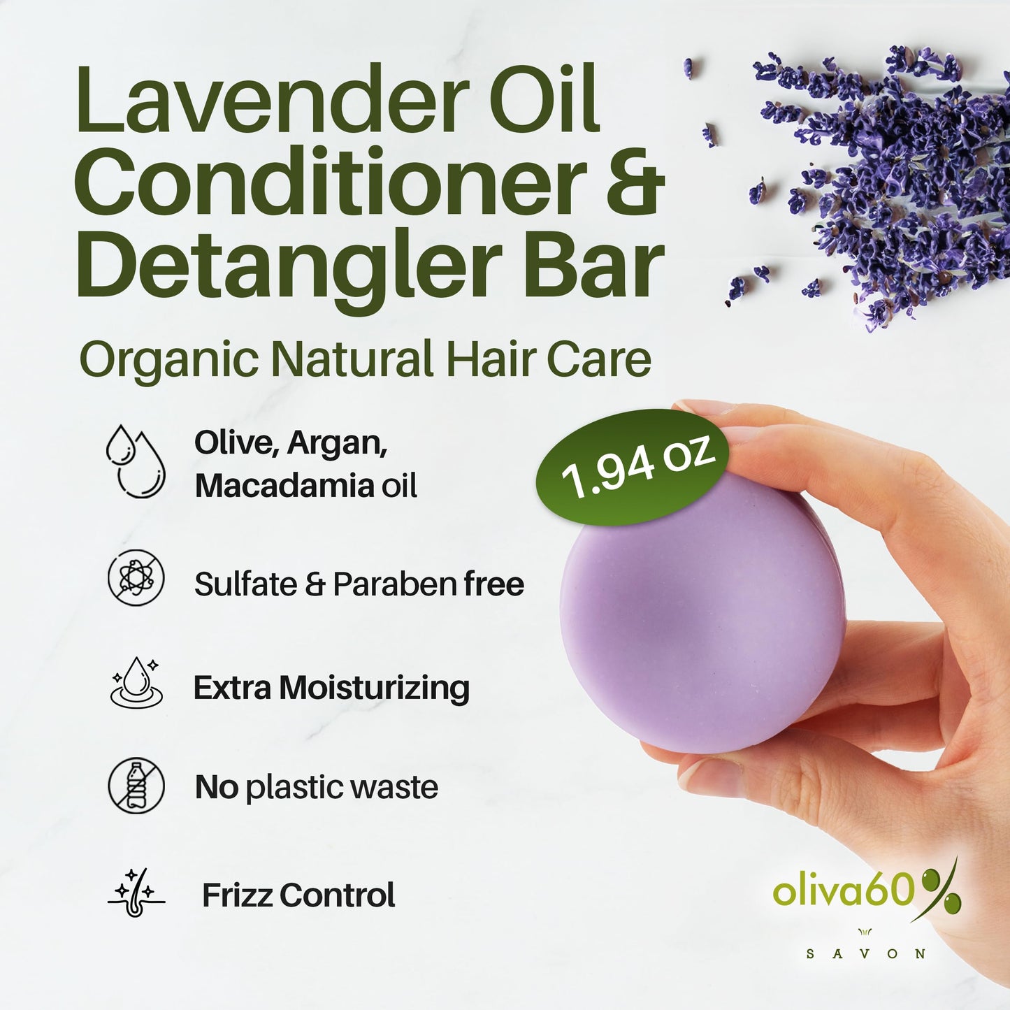 Acondicionador en barra de oliva. Oliva60. Extra hidratante. Desenreda y repara. Con aceite de argán orgánico, macadamia, manteca de karité. Provitamina B5. Libre de sulfatos, parabenos, siliconas. 55gr. (Lavanda)