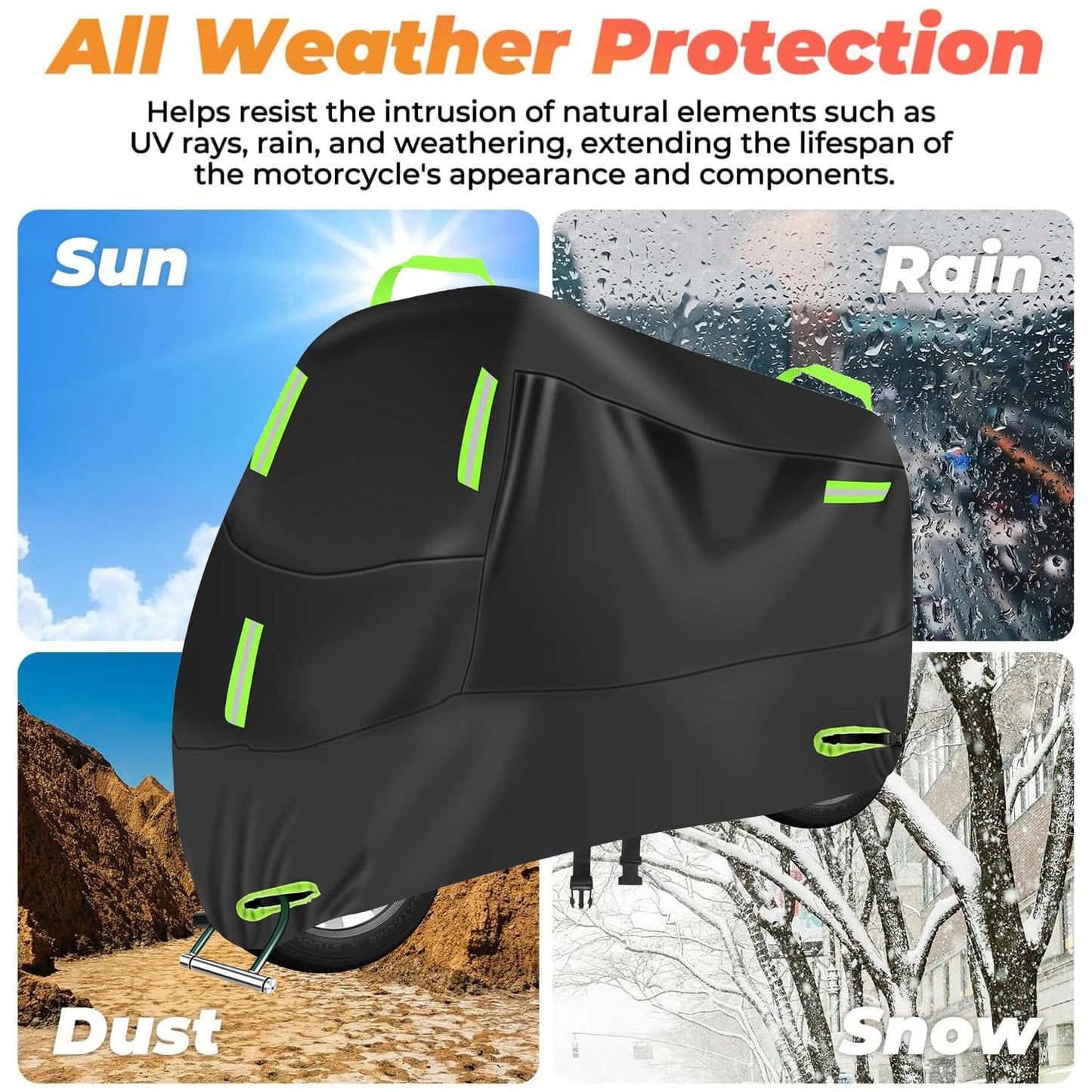 Cubierta Impermeable para Motocicletas ZENSUKYE Negra con Tiras Reflectantes y Orificios para Cerradura