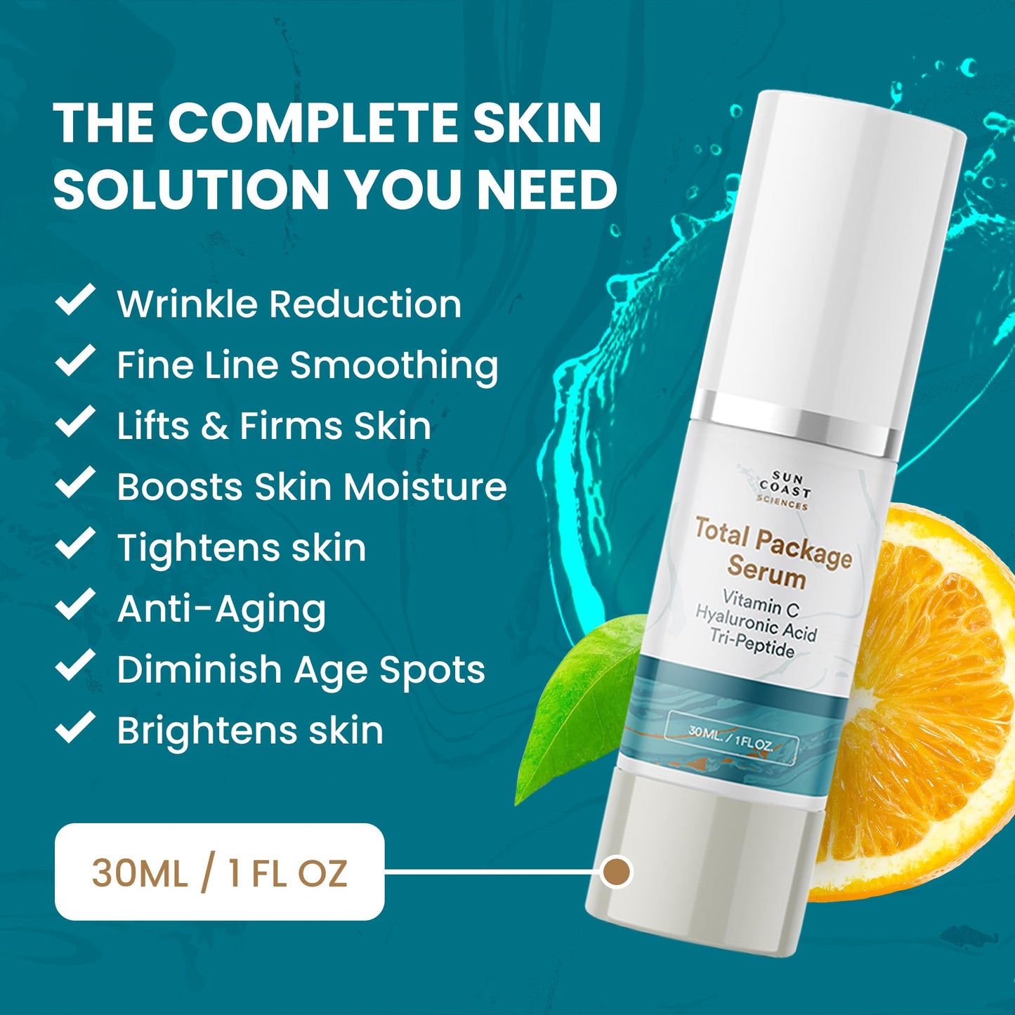 SUN COAST SCIENCES Sun Coast Sciences - Suero facial con paquete completo, todo en uno, con vitamina C, ácido hialurónico y péptidos, súper suero facial antienvejecimiento para arrugas, iluminador y