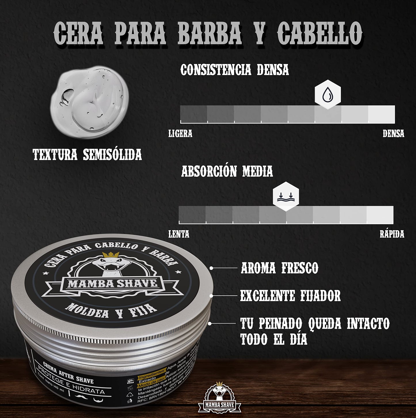 Mamba Shave | Cera para Cabello y Barba - Strong Hold | 120 ml | Cera para Cabello de Fijación Firme Moldea con facilidad el Cabello y la barba. Cera para Cabello y Barba. STRONG HOLD Hair Wax for Men.