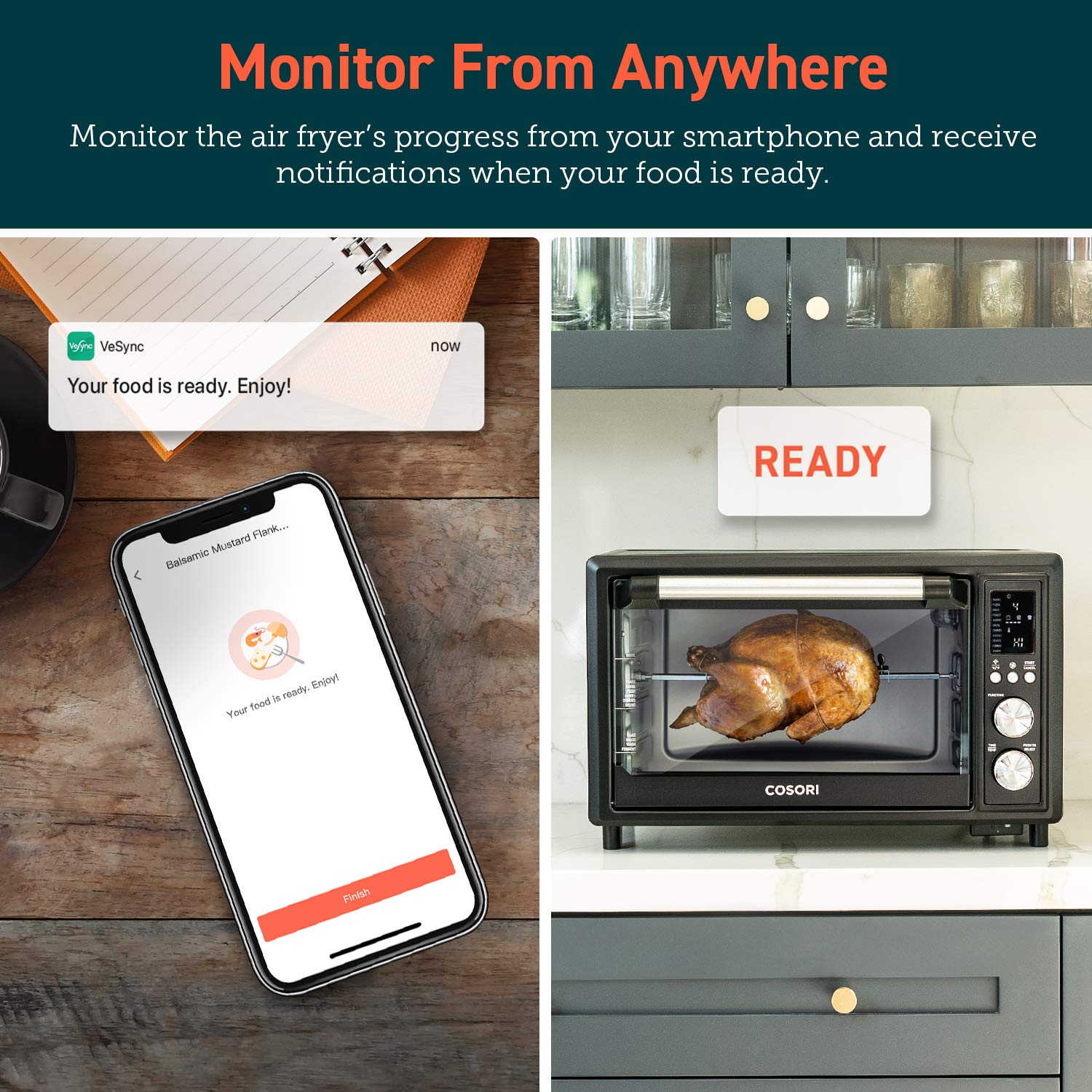 COSORI Smart 12 en 1 Air Fryer Tostadora Deshidratador de encimera para horno para pollo, 30L, Negro