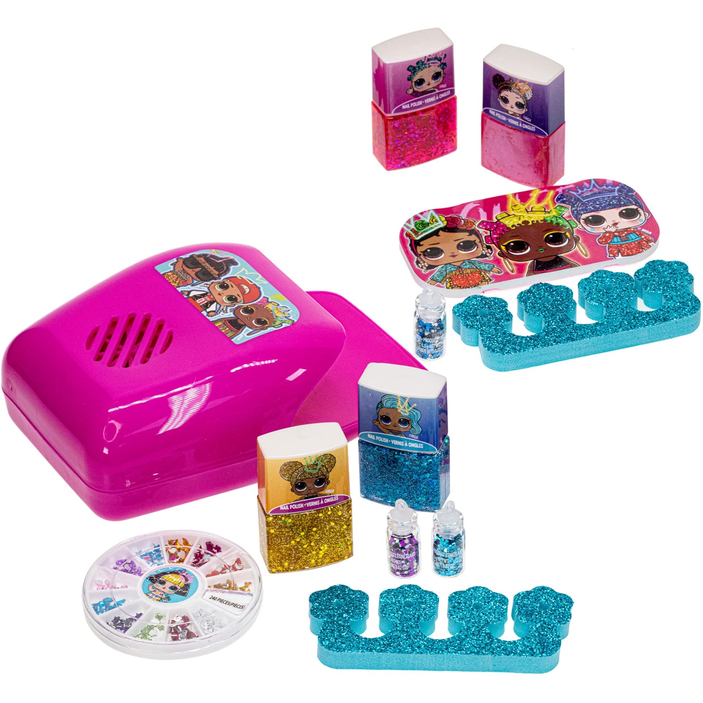 L.O.L. Surprise! Townley Girl, Non-Toxic Peel-Off Water-Based Safe Quick Dry Nail Polish Gift Kit Set for Kids Set With Nail Gem Wheel, Nail Stickers, Toe Spacers, Nail File, Glitter Vials, and Nail Dryer, Batteries Not Included, Ages 5+