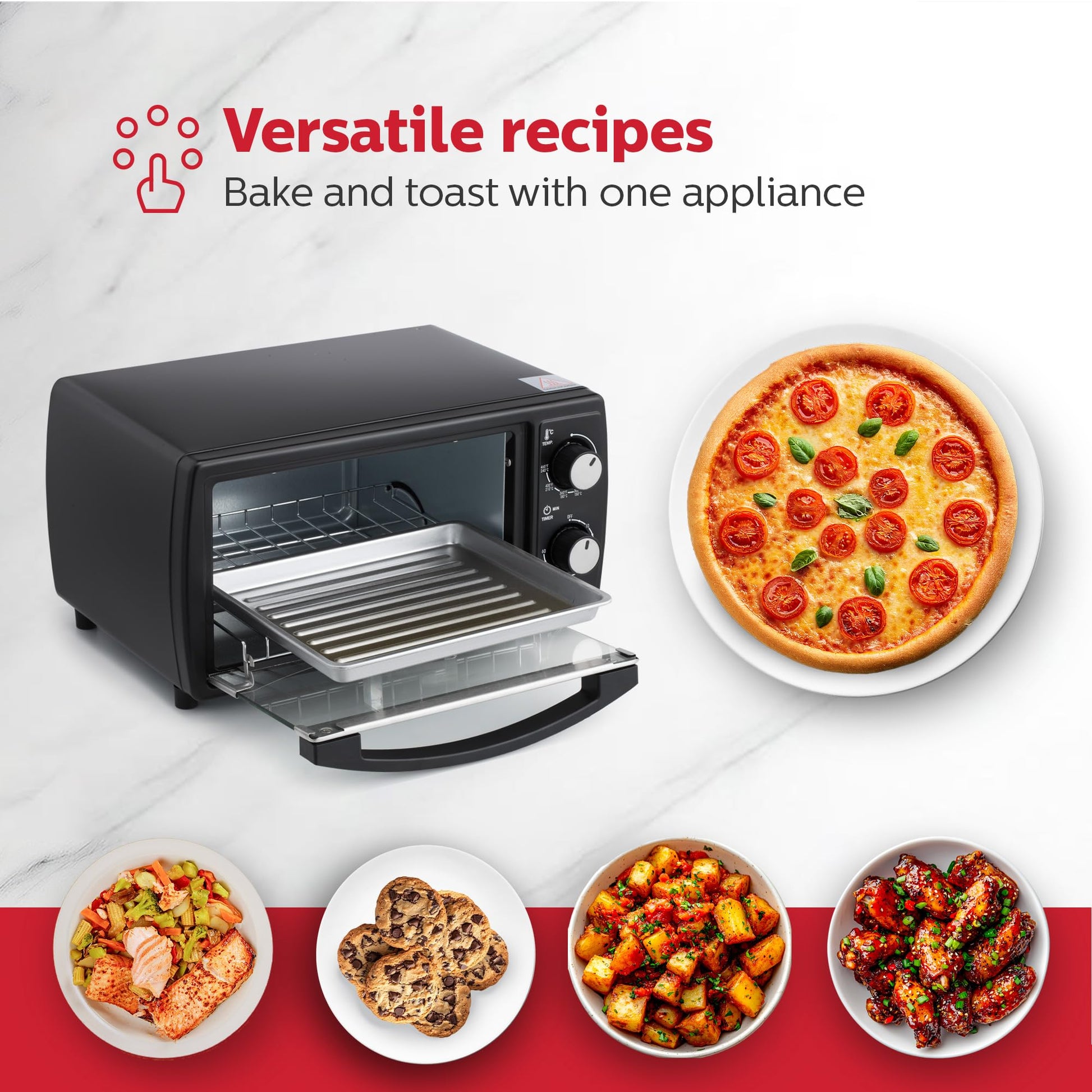 Holstein Housewares - Horno tostador de encimera de 4 rebanadas con temporizador de 60 minutos, incluye bandeja y estante de alambre, perfecto para hornear, asar y tostar, diseño compacto en negro