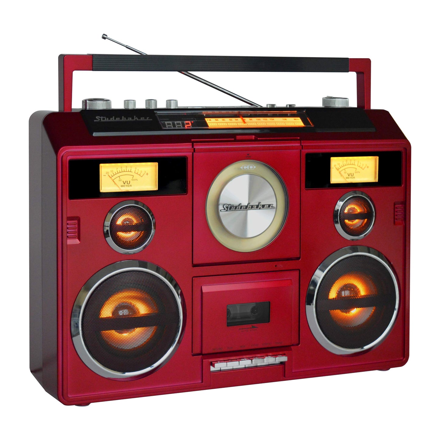 Estación de Sonido Estéreo Boombox Rojo con Bluetooth y Grabadora de Casete