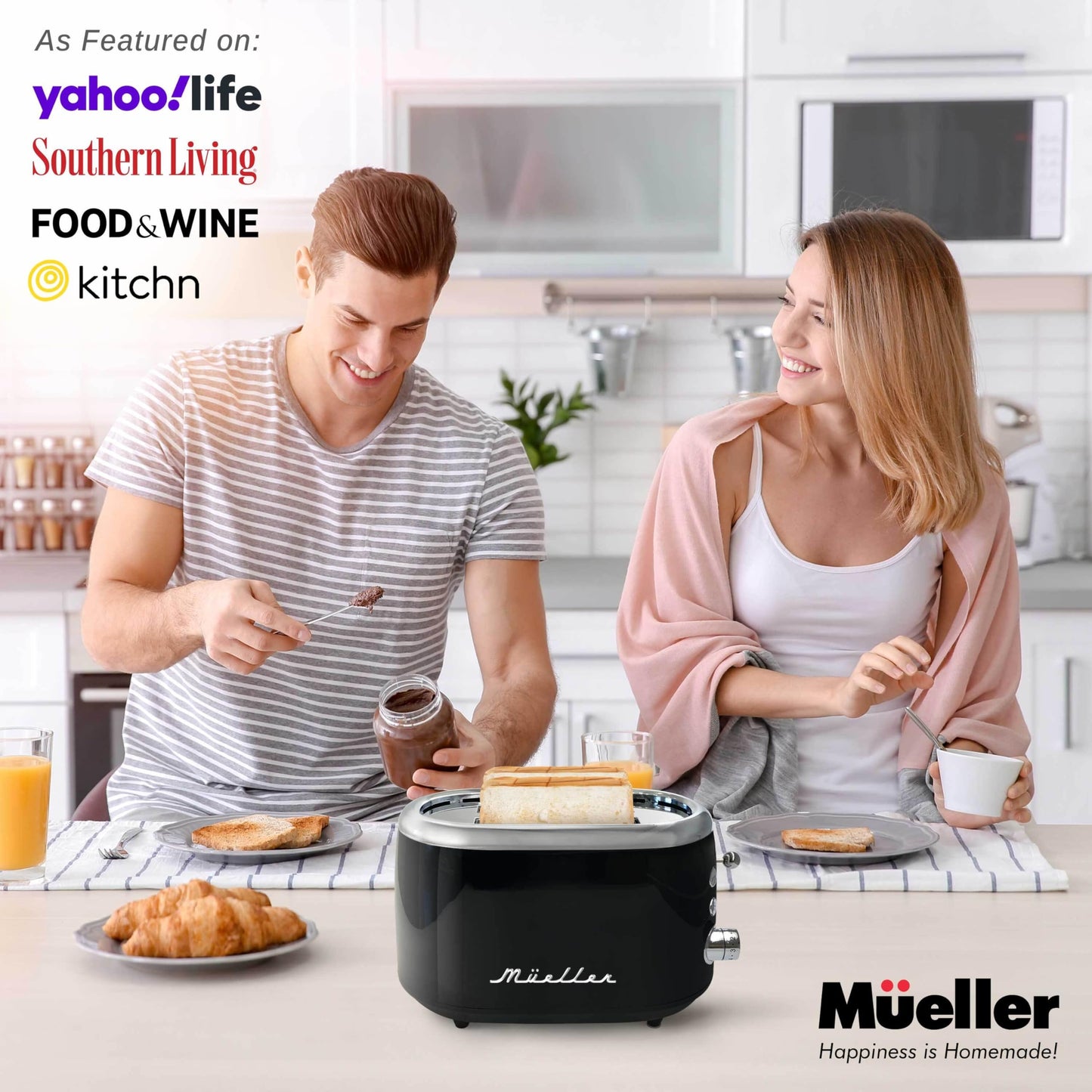 Mueller - Tostador retro para 2 rebanadas con 7 niveles de tostado y 3 funciones, calentar, descongelar y cancelar, acero inoxidable, charola de residuos extraíble, compartimento de cable bajo base,