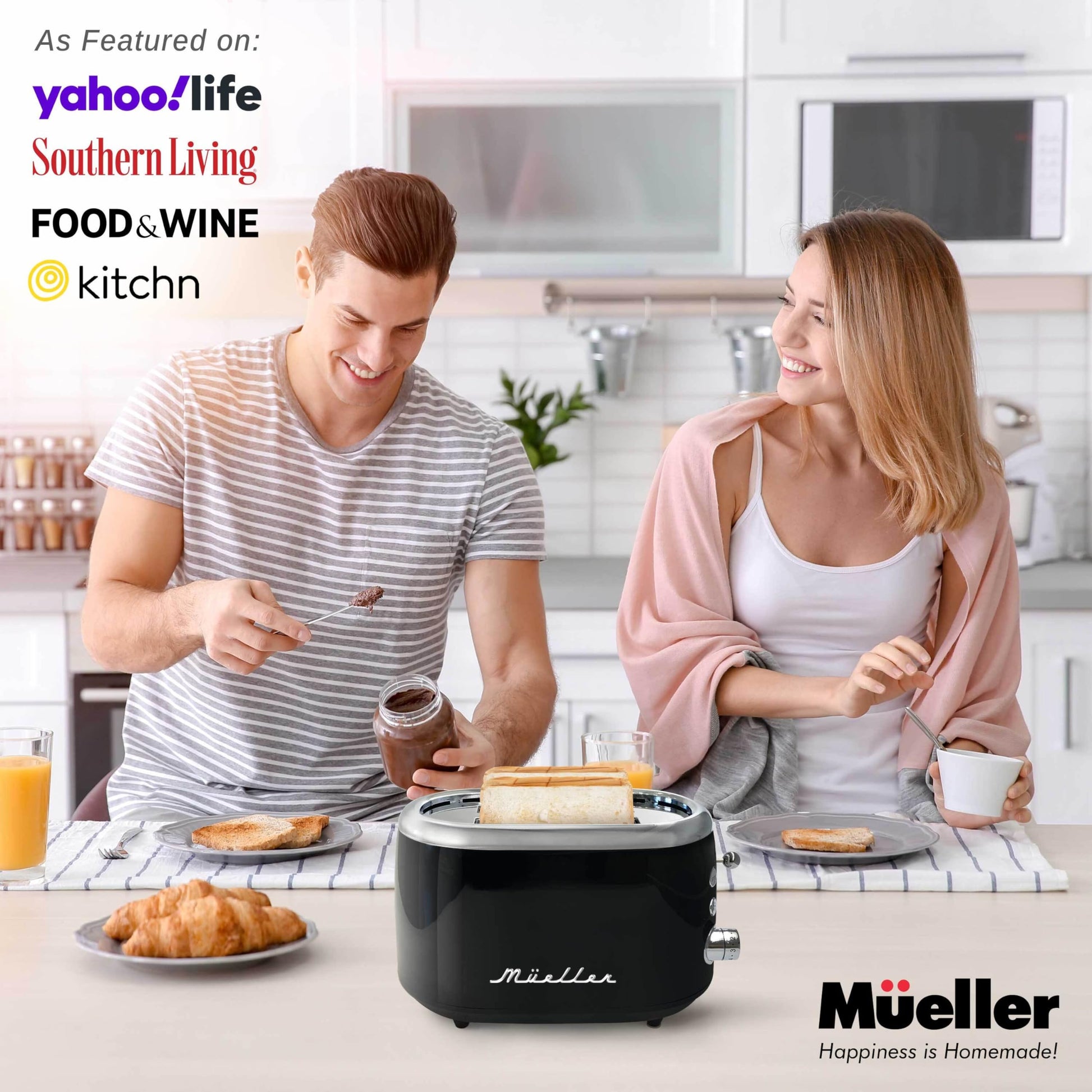 Mueller - Tostador retro para 2 rebanadas con 7 niveles de tostado y 3 funciones, calentar, descongelar y cancelar, acero inoxidable, charola de residuos extraíble, compartimento de cable bajo base,