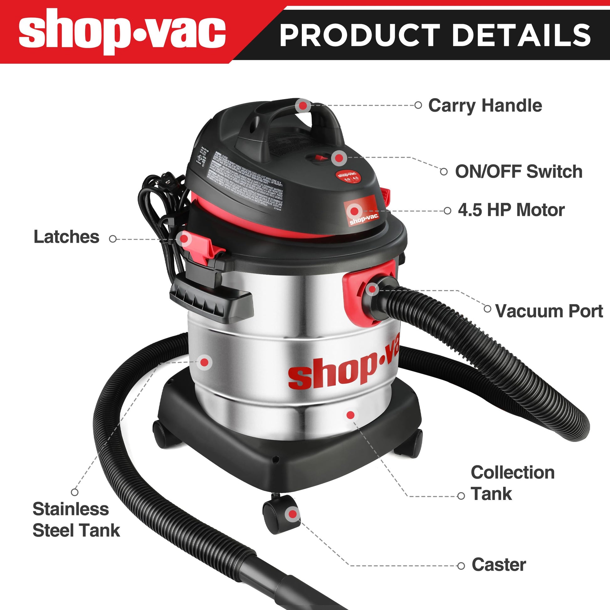 Aspiradora Húmeda y Seca Shop-Vac Acero Inoxidable 5 Galones Portátil para Taller y Cochera