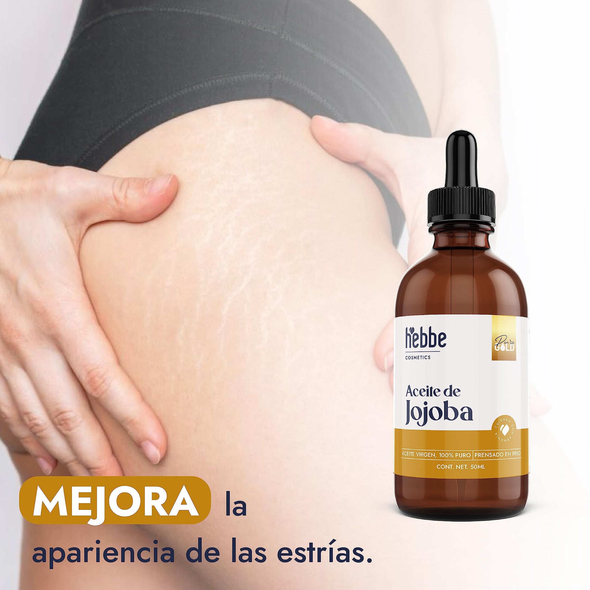 HEBBE - ACEITE DE JOJOBA | Fortalece Cabello Quebradizo | Hidrata Piel Mixta o Grasa | Propiedades Acondicionadoras | 50 ml | Regula Producción de Sebo | Orgánico y Sin Sulfatos | Perfecto para Masajes Corporales