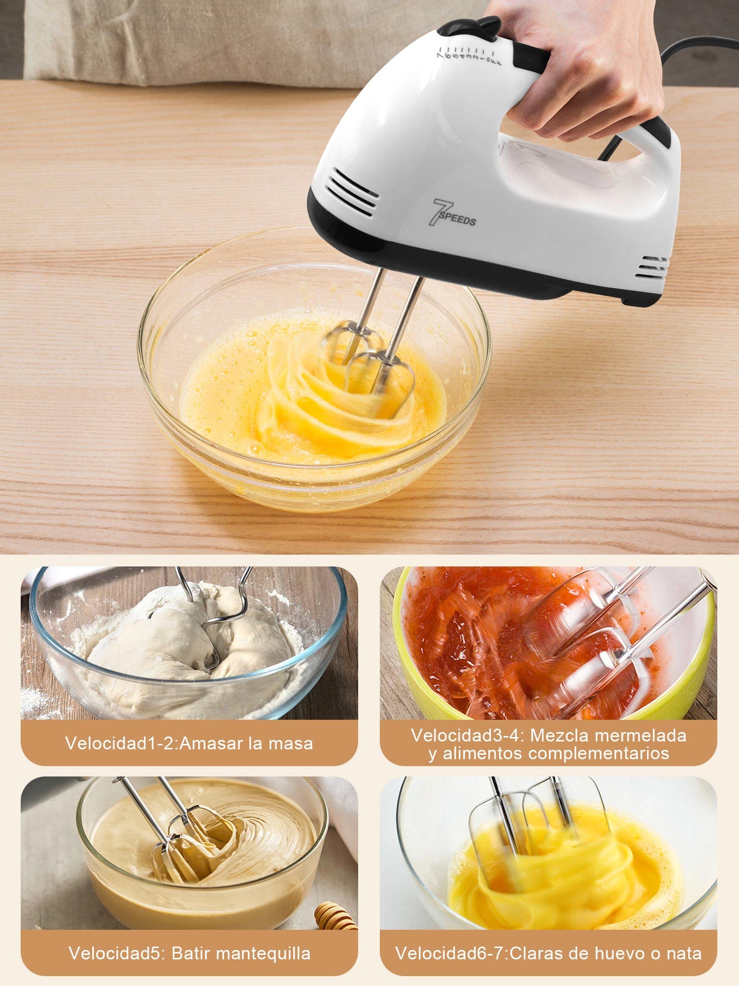 Batidora de Mano 7 Velocidades，Turbocharged Batidora de Mano, Mezclador de Cocina Incluye 4 Barras de Mezcla para Mezclar, 1 Separación De Claras De Huevo