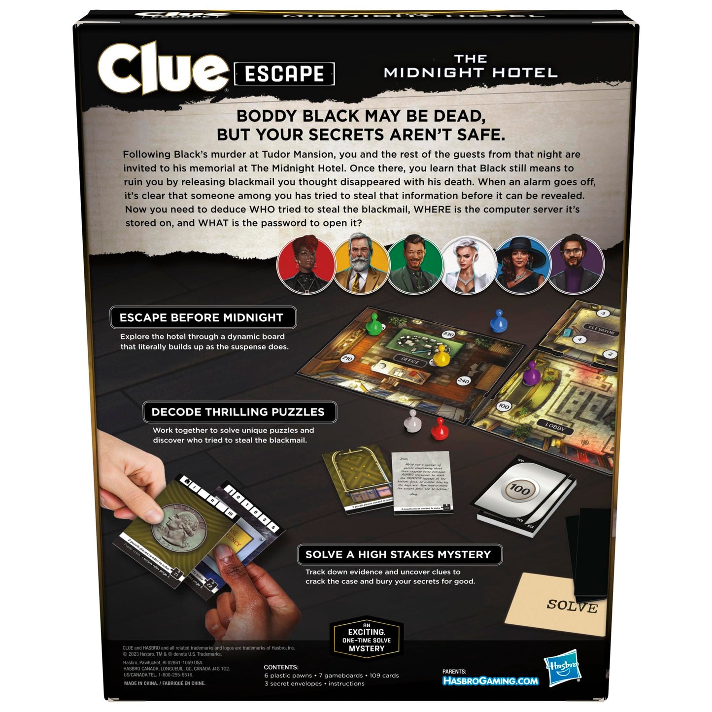 Hasbro Gaming Clue Escape: The Midnight Hotel Juego de Mesa, Clue Escape Room Game, 1 Vez Resolver Misterio, Juegos Familiares para Mayores de 10 años, 1 a 6 Jugadores, 90 Minutos Promedio.