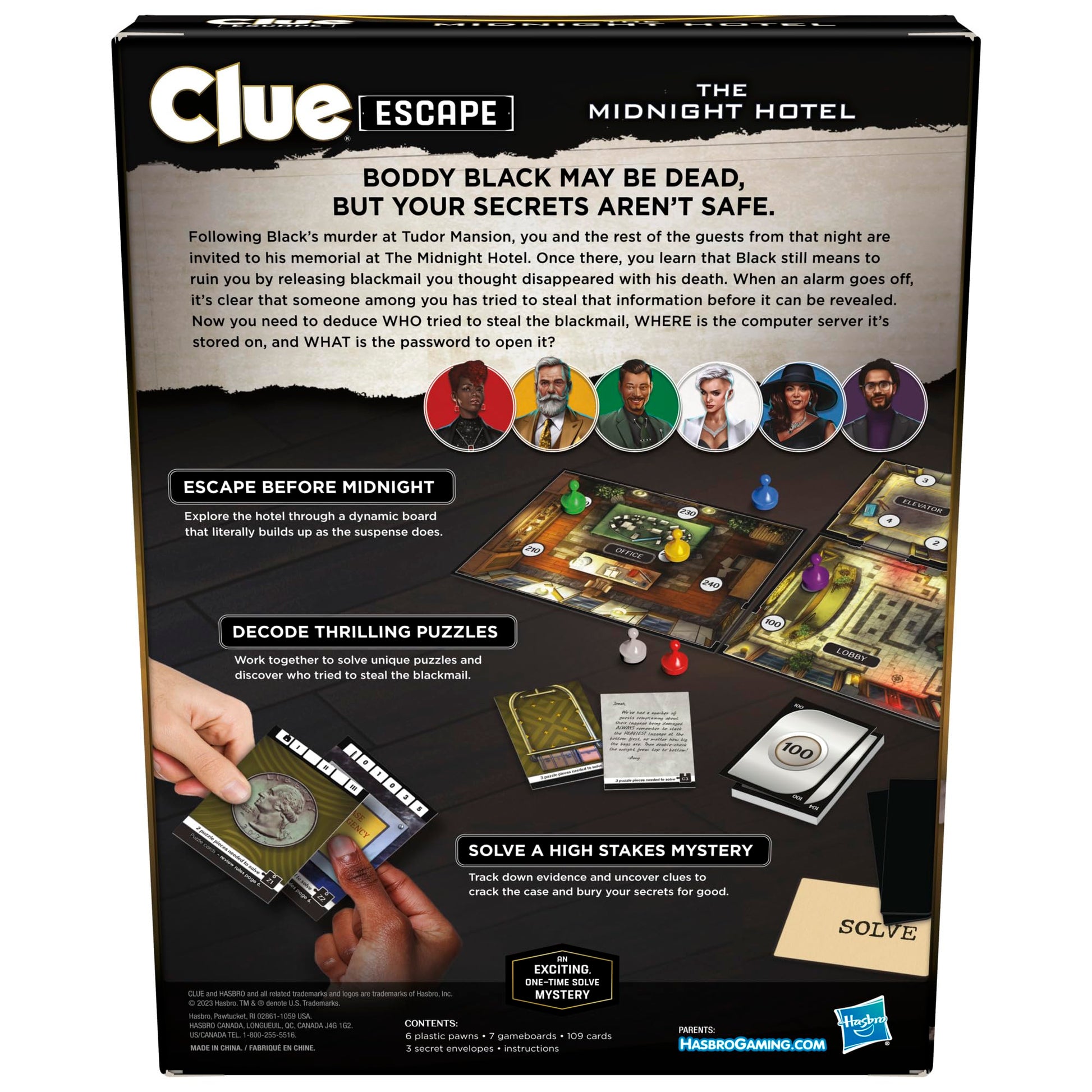 Hasbro Gaming Clue Escape: The Midnight Hotel Juego de Mesa, Clue Escape Room Game, 1 Vez Resolver Misterio, Juegos Familiares para Mayores de 10 años, 1 a 6 Jugadores, 90 Minutos Promedio.