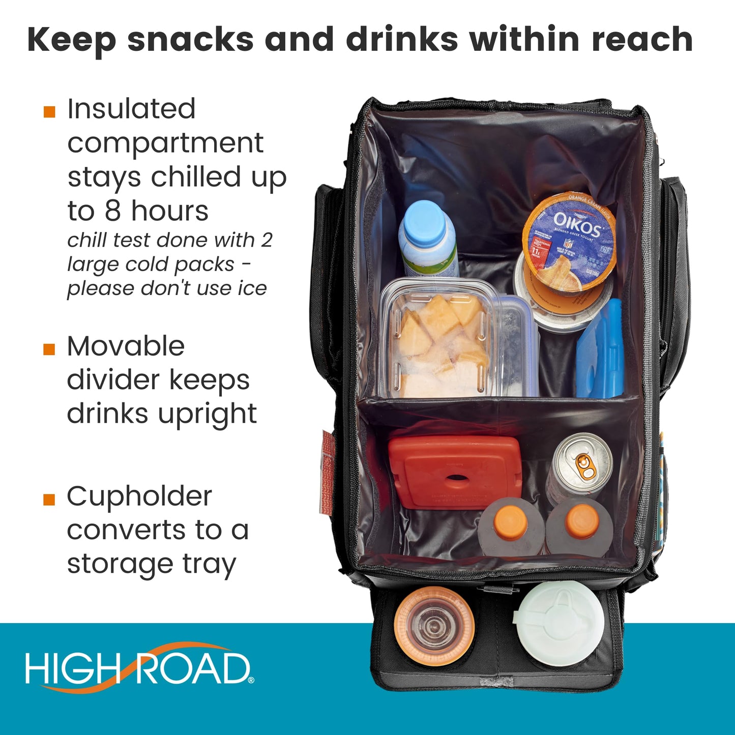 High Road - Organizador grande de asiento de coche CarHop para el asiento delantero o trasero para niños y adultos con bandeja para portavasos y bolsillos laterales y compartimento para enfriador